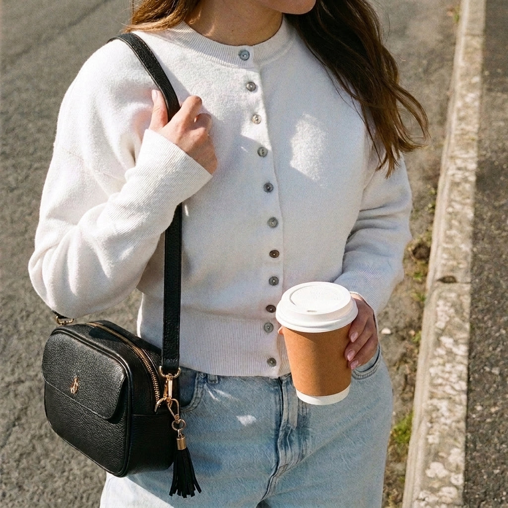 'HACKNEY' Black Pebble Grain Real Leather Crossbody Bag