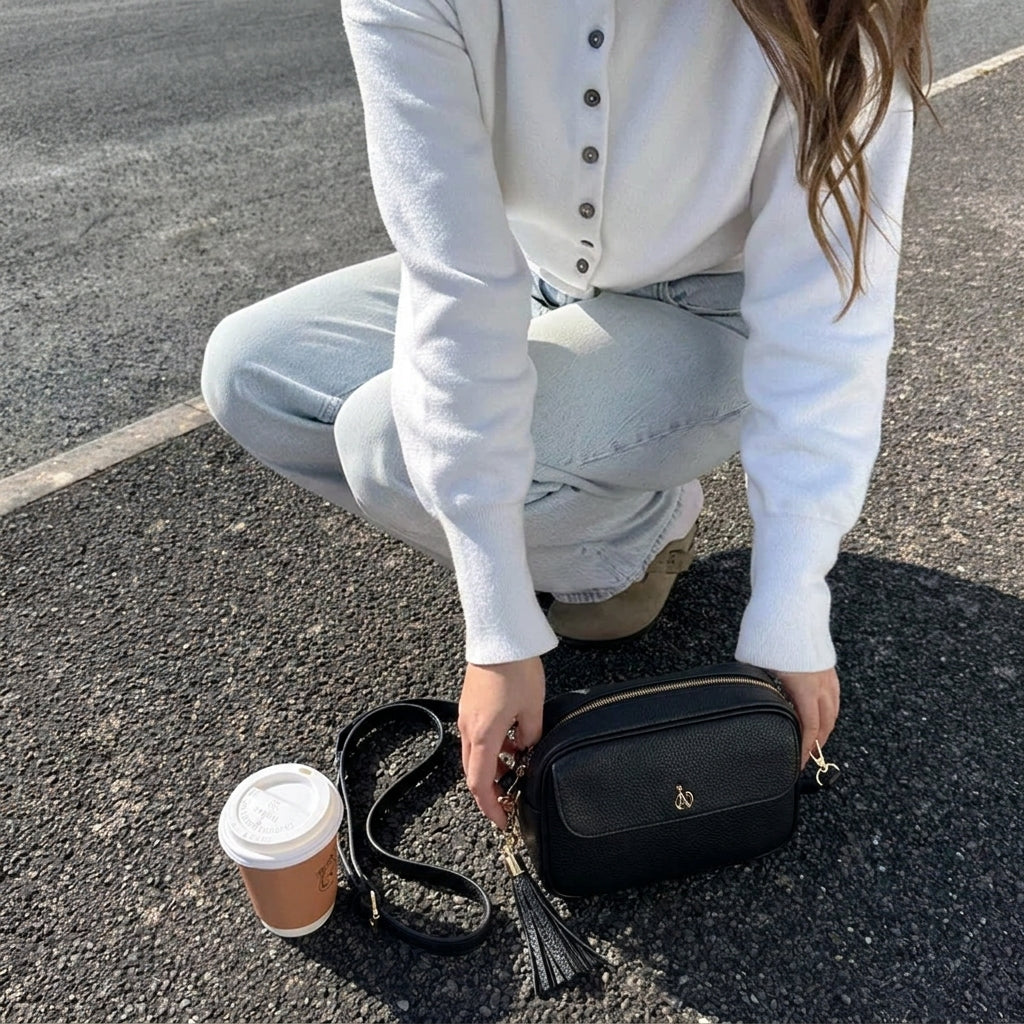 'HACKNEY' Black Pebble Grain Real Leather Crossbody Bag