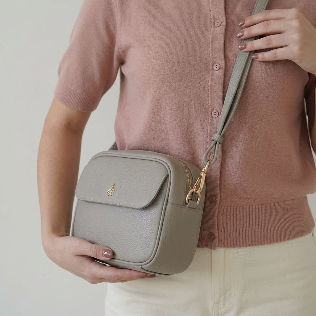'HACKNEY' Fog Grey Pebble Grain Real Leather Crossbody Bag
