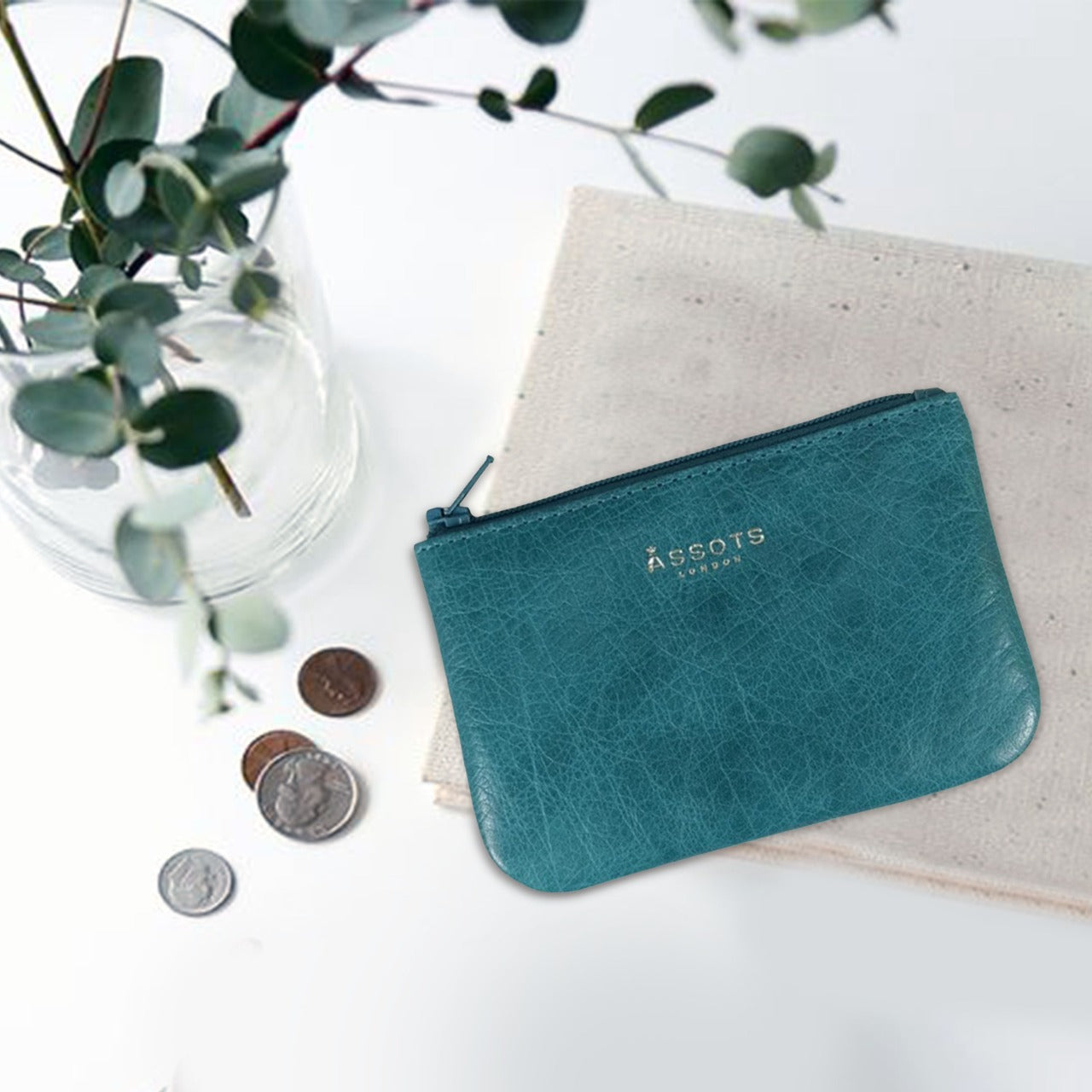 'Poppy' Ocean Blue Full Grain Leather Zip Top Coin Purse