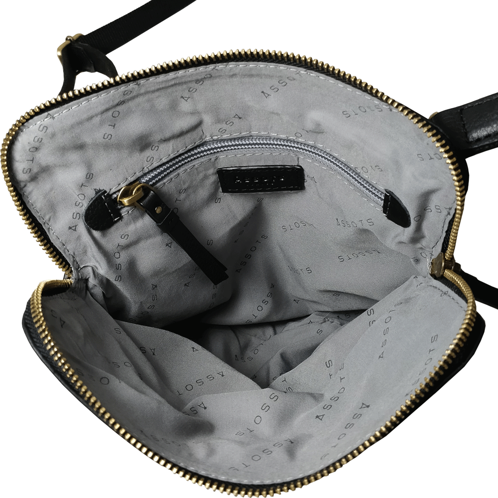 'ELSIE' Black Pebble Grain Leather Zip Top Crossbody Bag