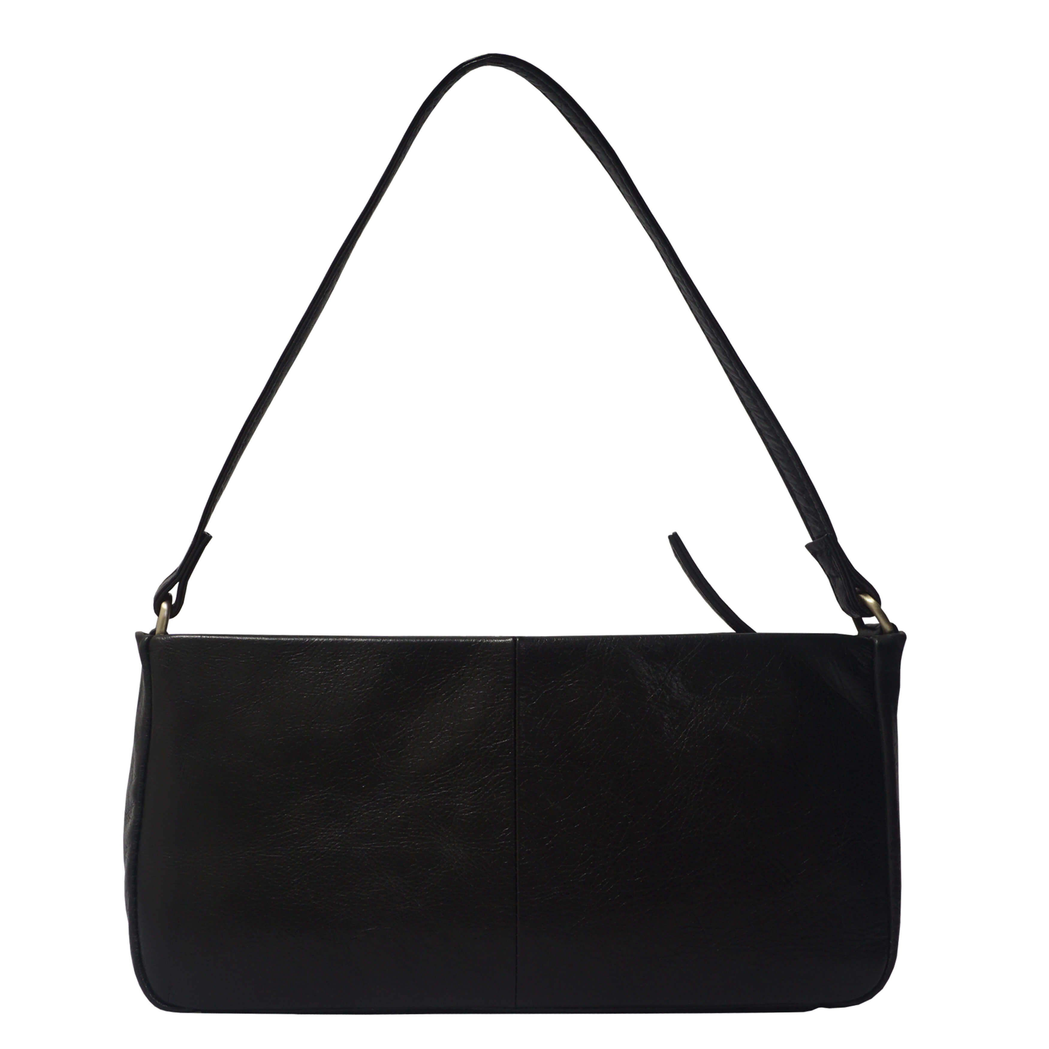 'IVY' Black Vintage Pleated Real Leather Baguette Shoulder Bag