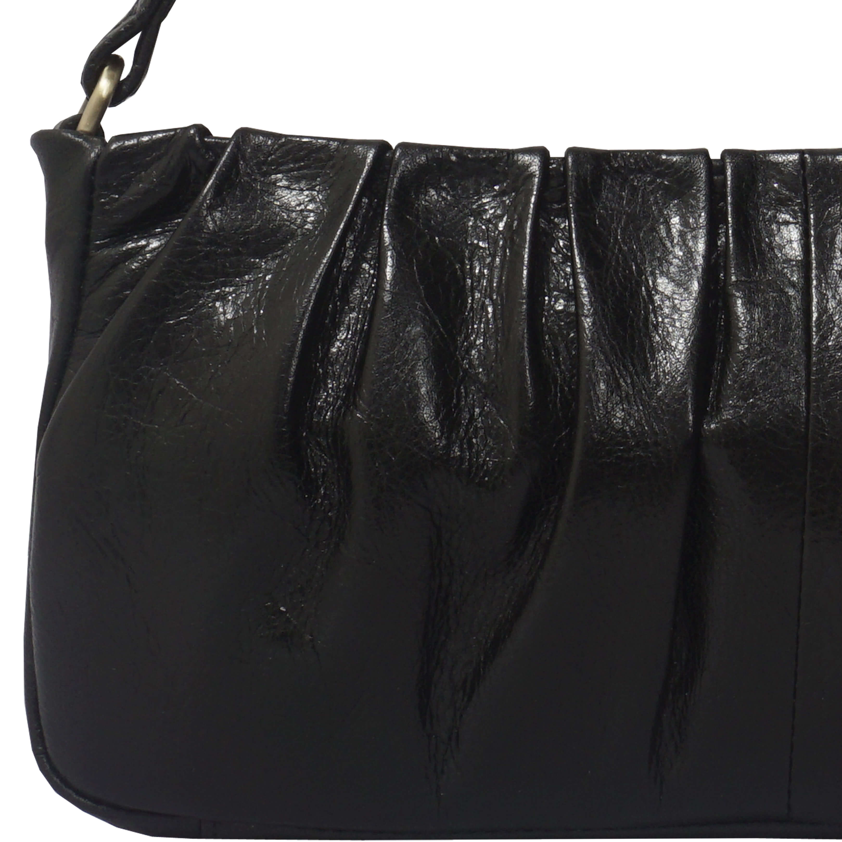 'IVY' Black Vintage Pleated Real Leather Baguette Shoulder Bag