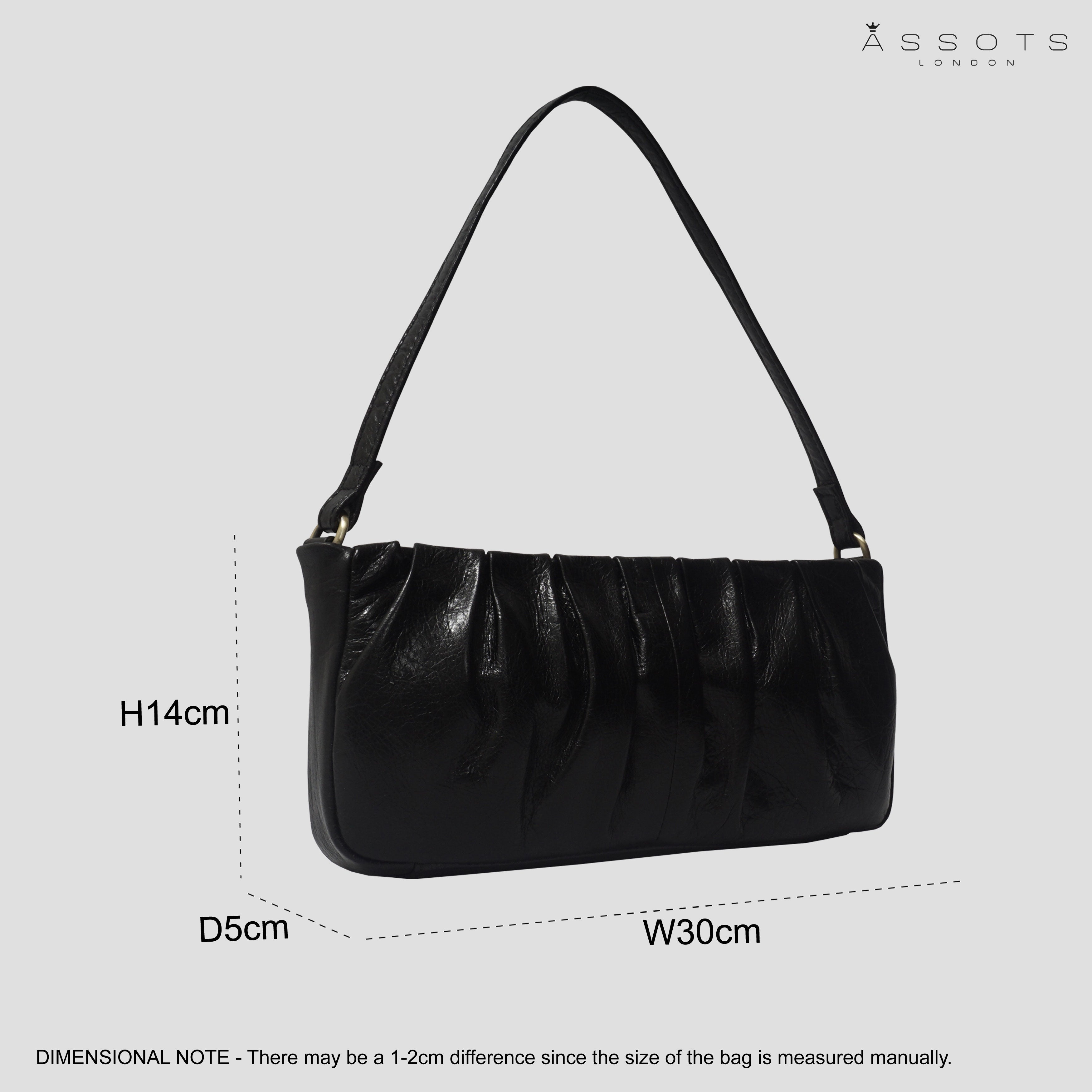 'IVY' Black Vintage Pleated Real Leather Baguette Shoulder Bag