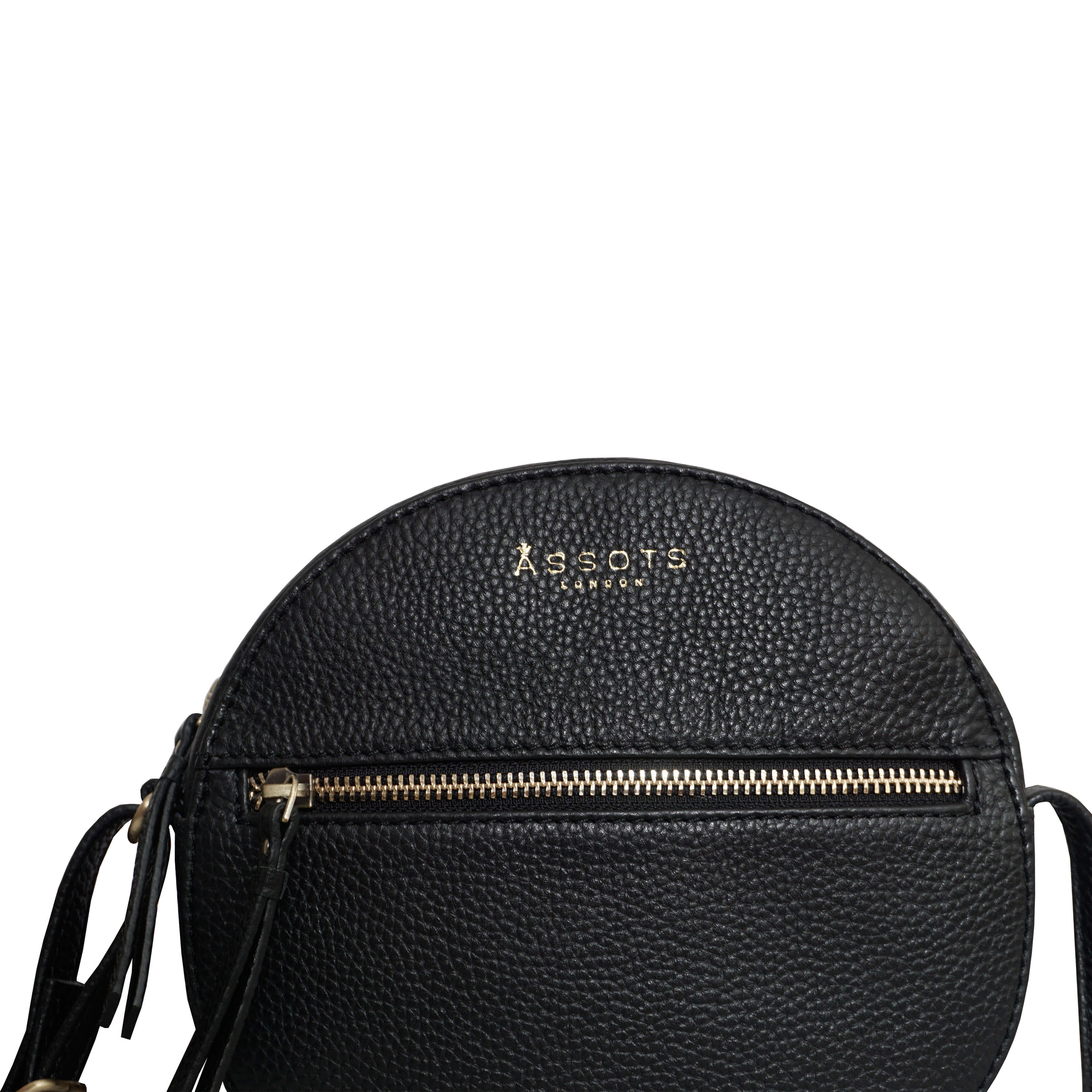 'Jane' Black Pebble Grain Leather Round Designer Crossbody Bag