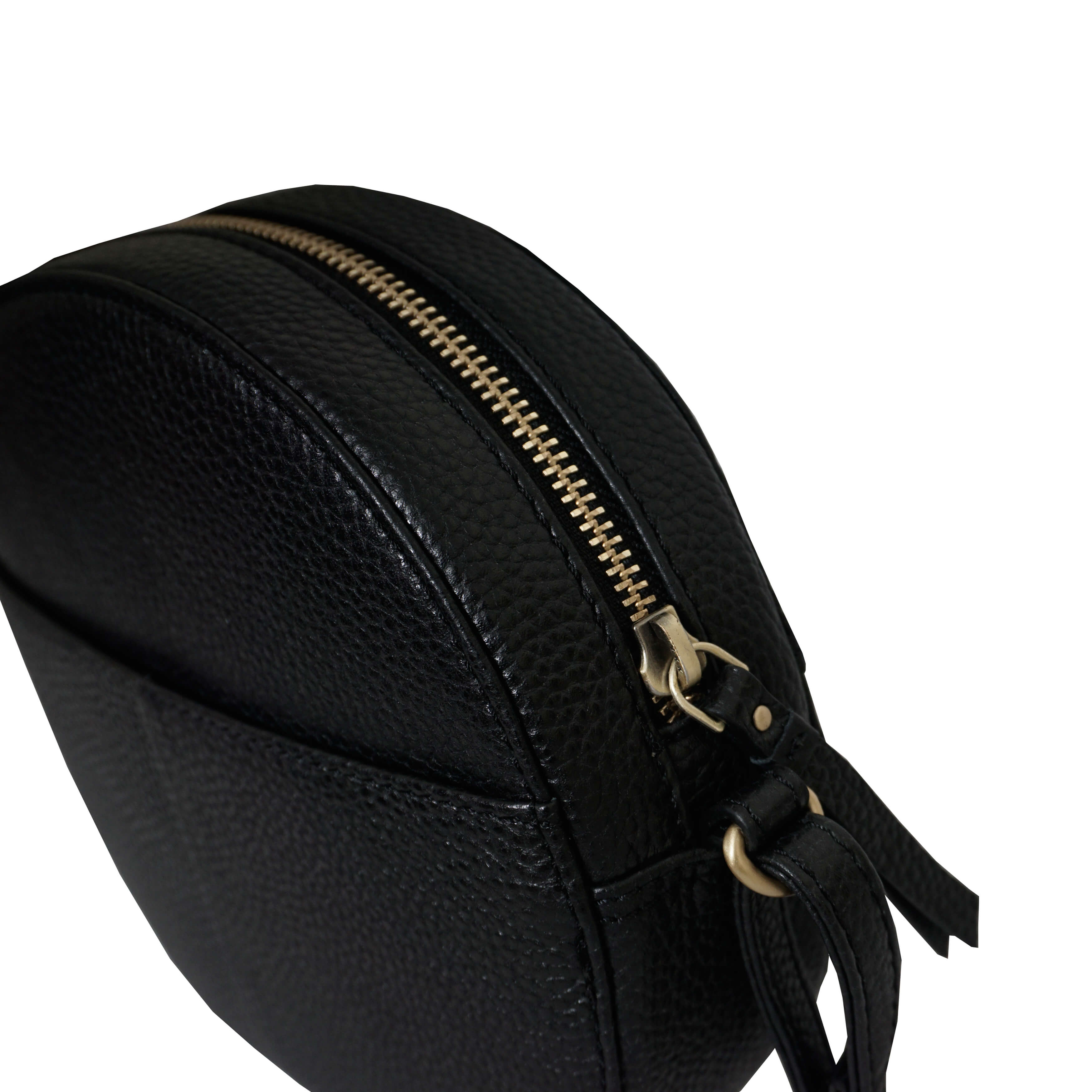 'Jane' Black Pebble Grain Leather Round Designer Crossbody Bag