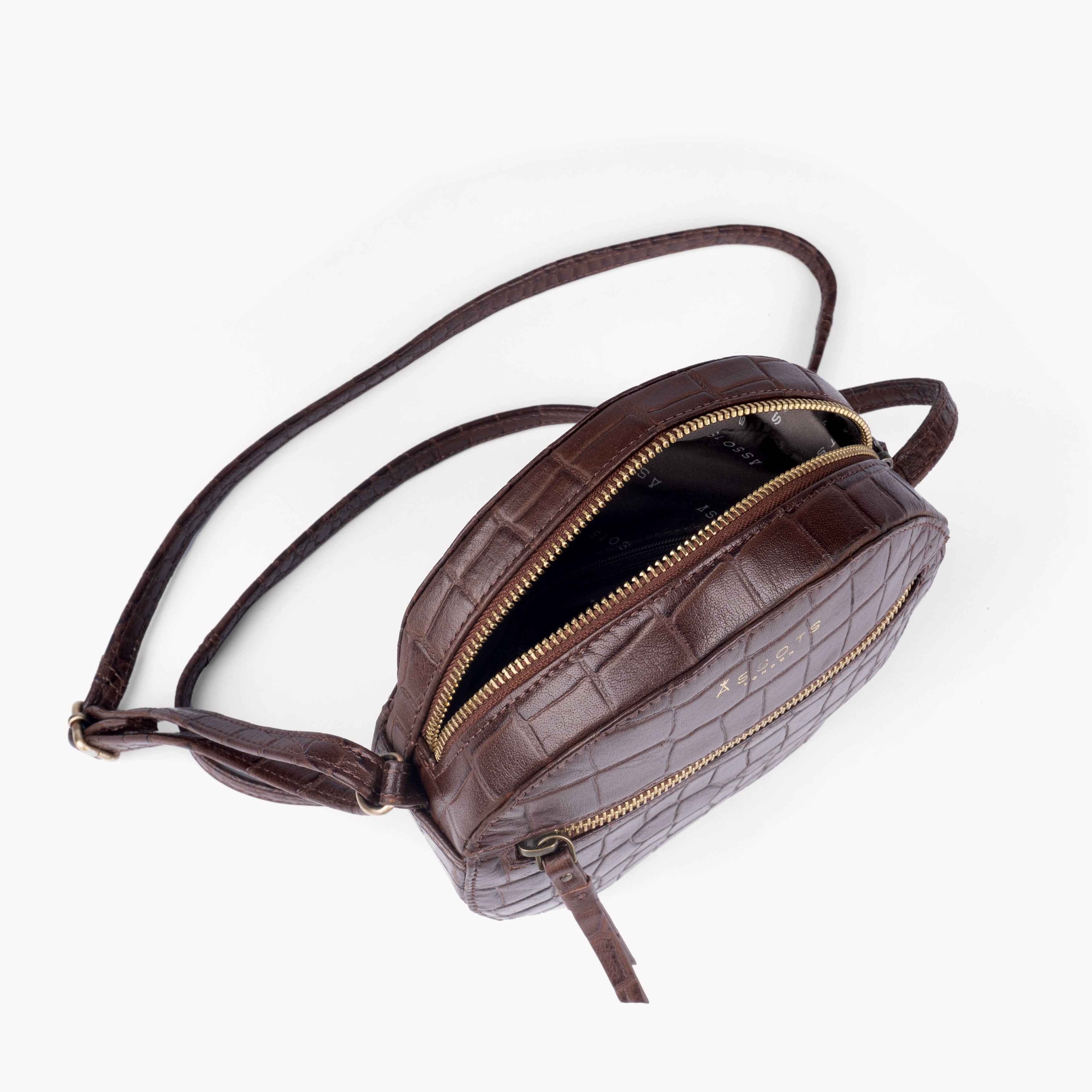 'Jane' Brown Croc Leather Round Designer Crossbody Bag