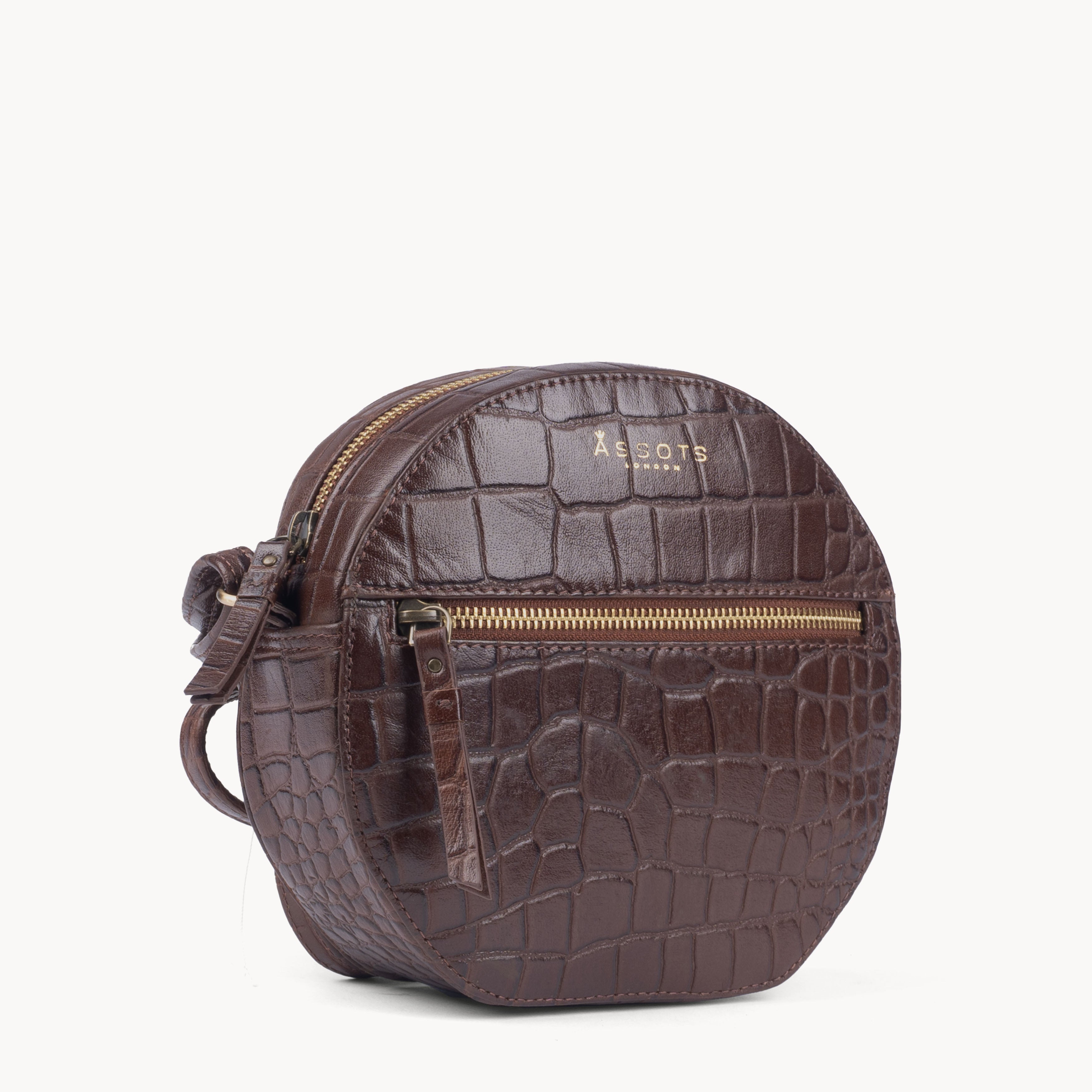 'Jane' Brown Croc Leather Round Designer Crossbody Bag