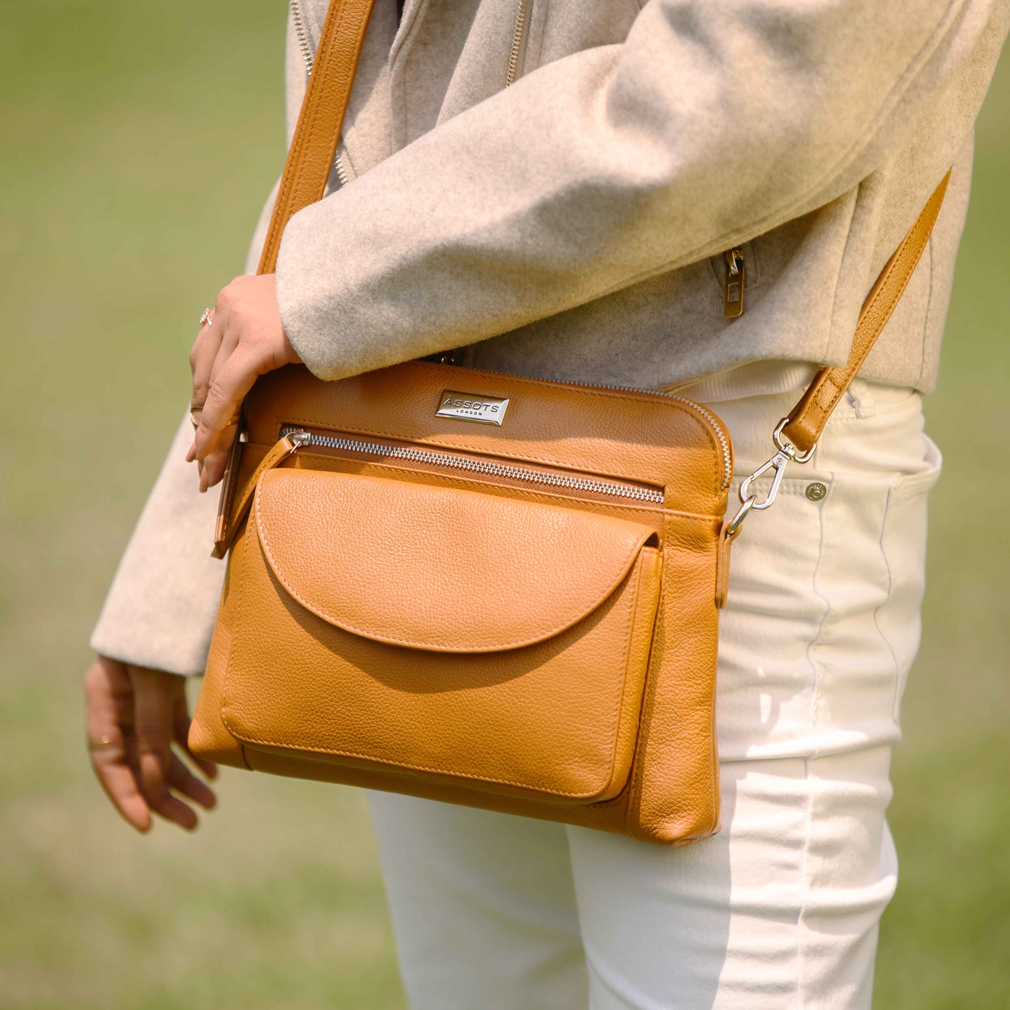 'JEAN' Light Tan Real Soft Pebble Grain Leather Crossbody Bag