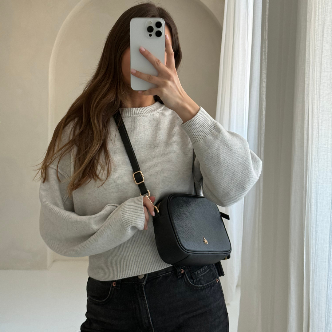 'KENT' Black Pebble Grain Real Leather Crossbody Bag