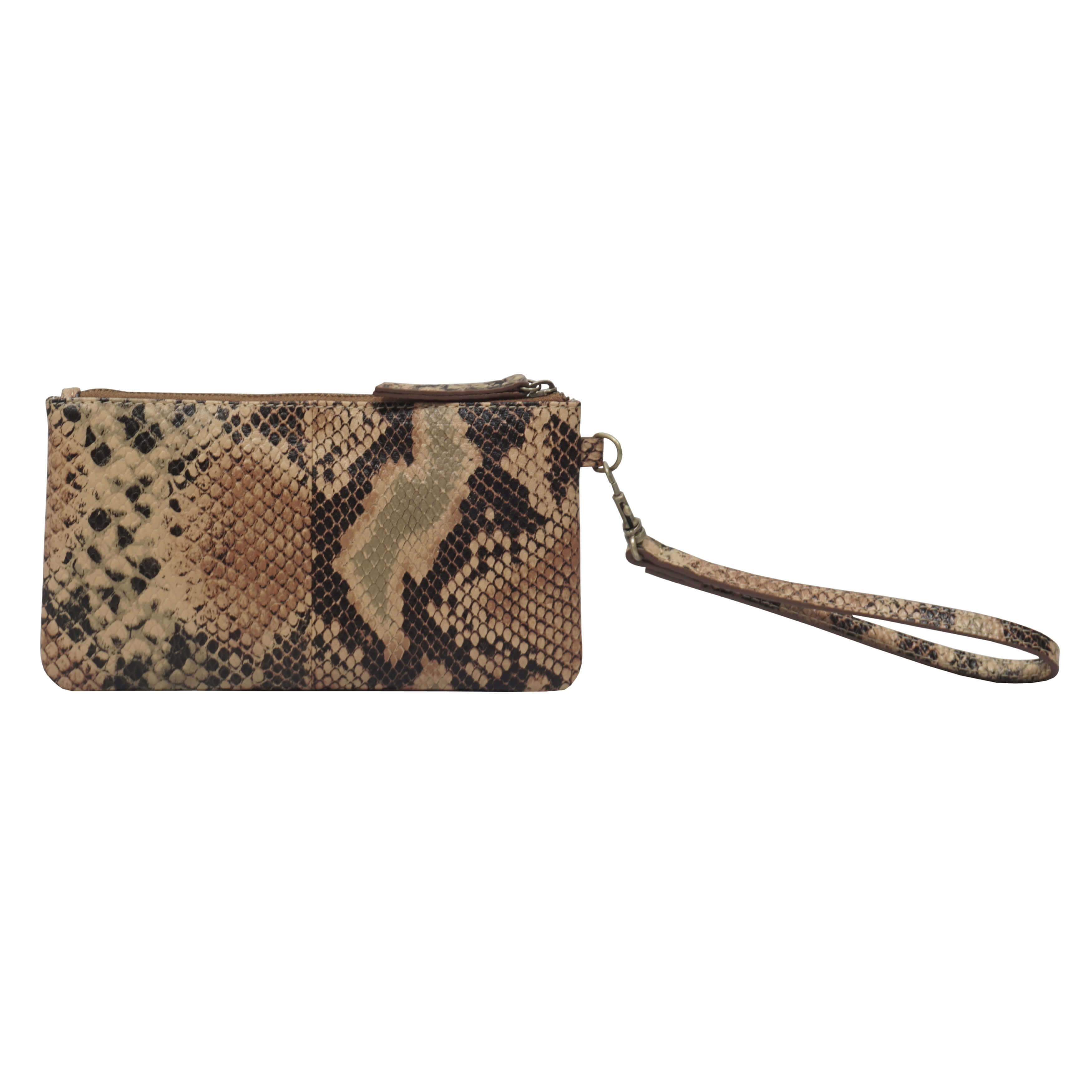 'KAREN' Tan Snake Print Real Leather Wristlet Clutch Bag