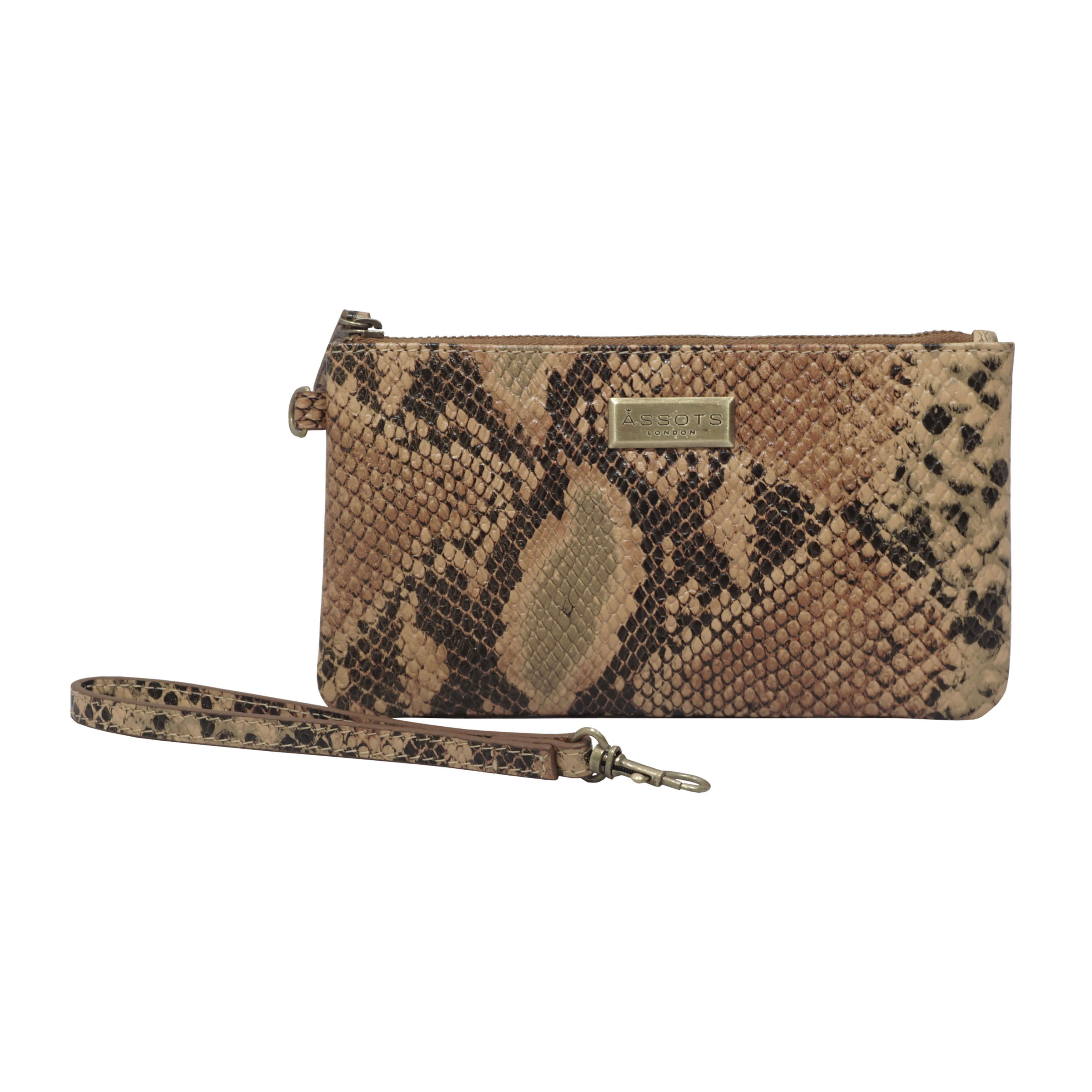 'KAREN' Tan Snake Print Real Leather Wristlet Clutch Bag