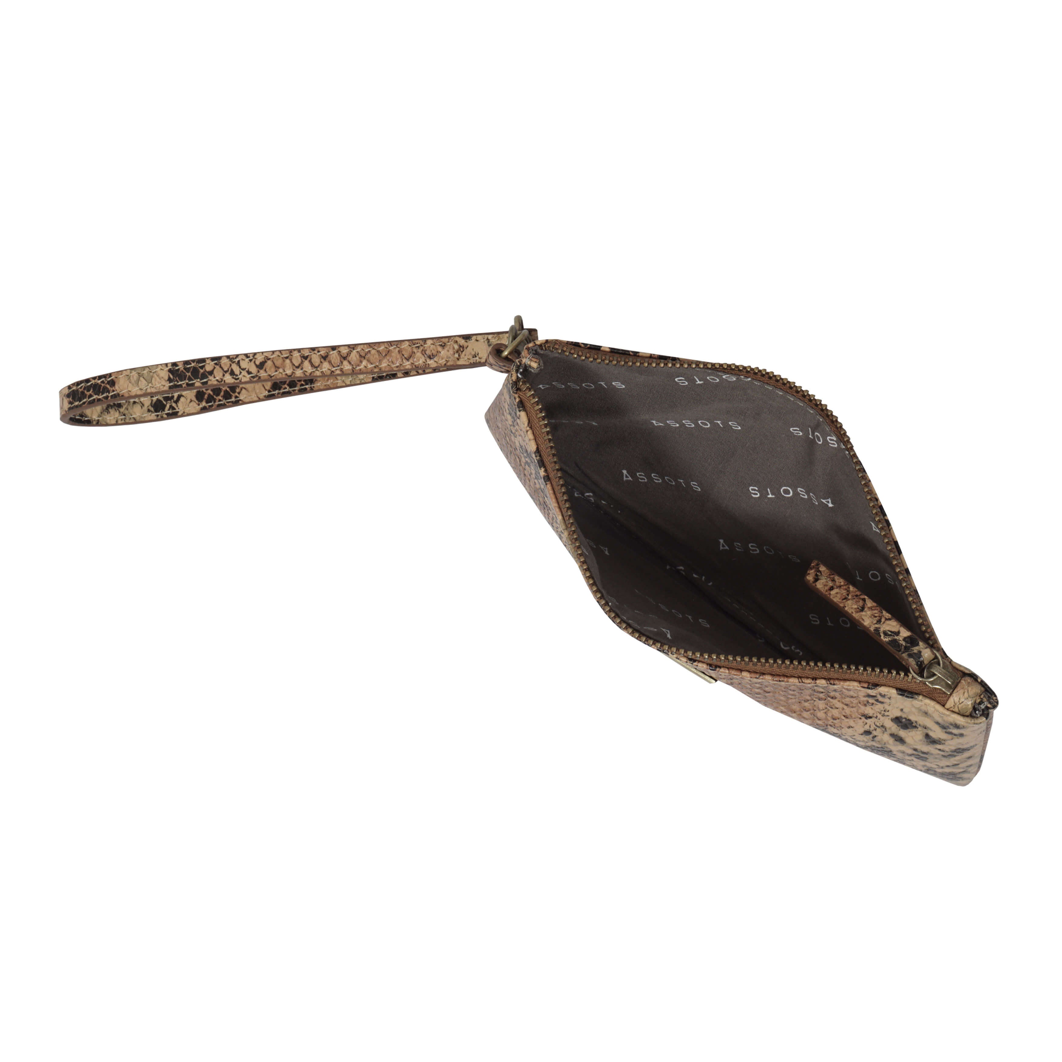 'KAREN' Tan Snake Print Real Leather Wristlet Clutch Bag