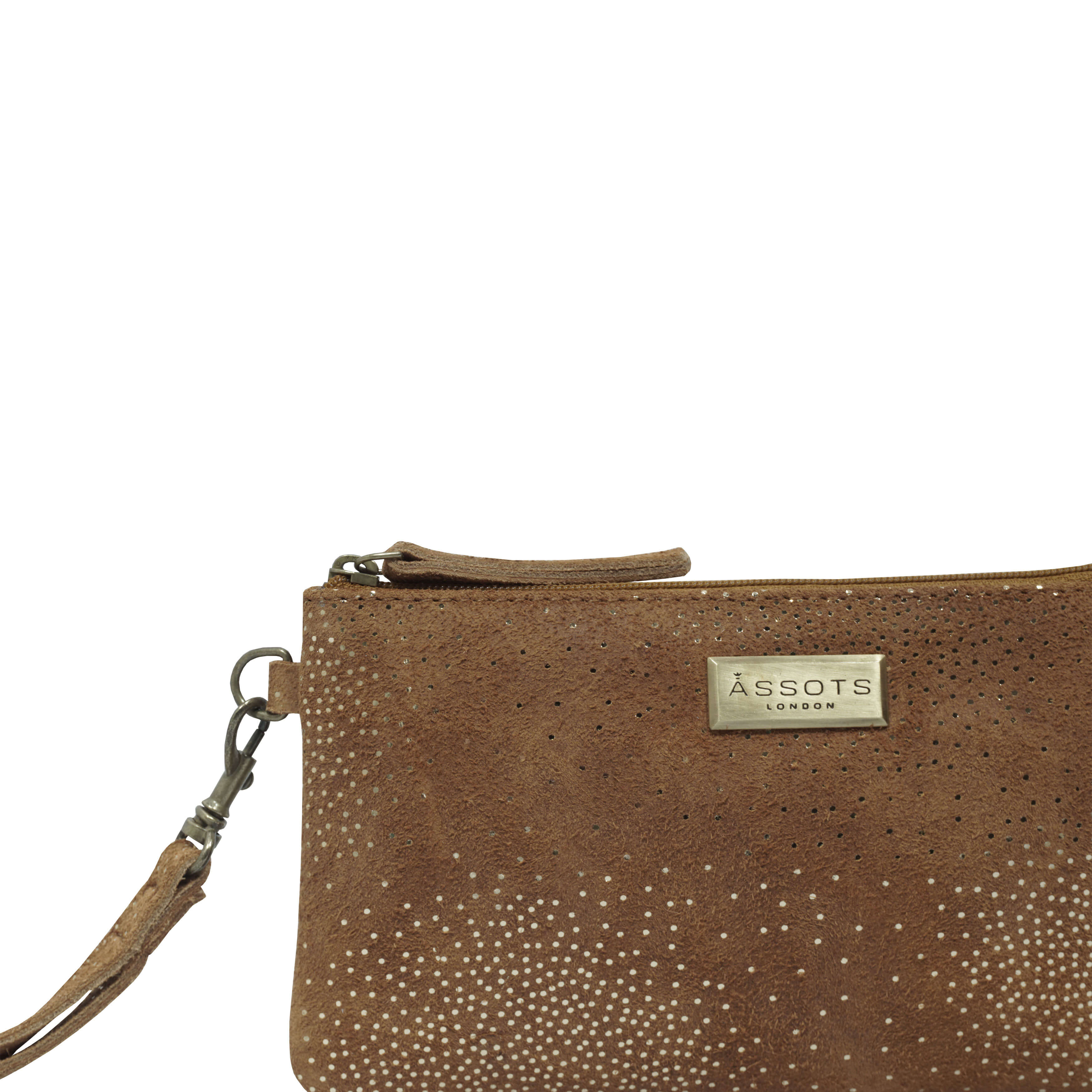 'KAREN' Tan Suede Leather with Yellow Gold Embellishment Wristlet Clutch Bag