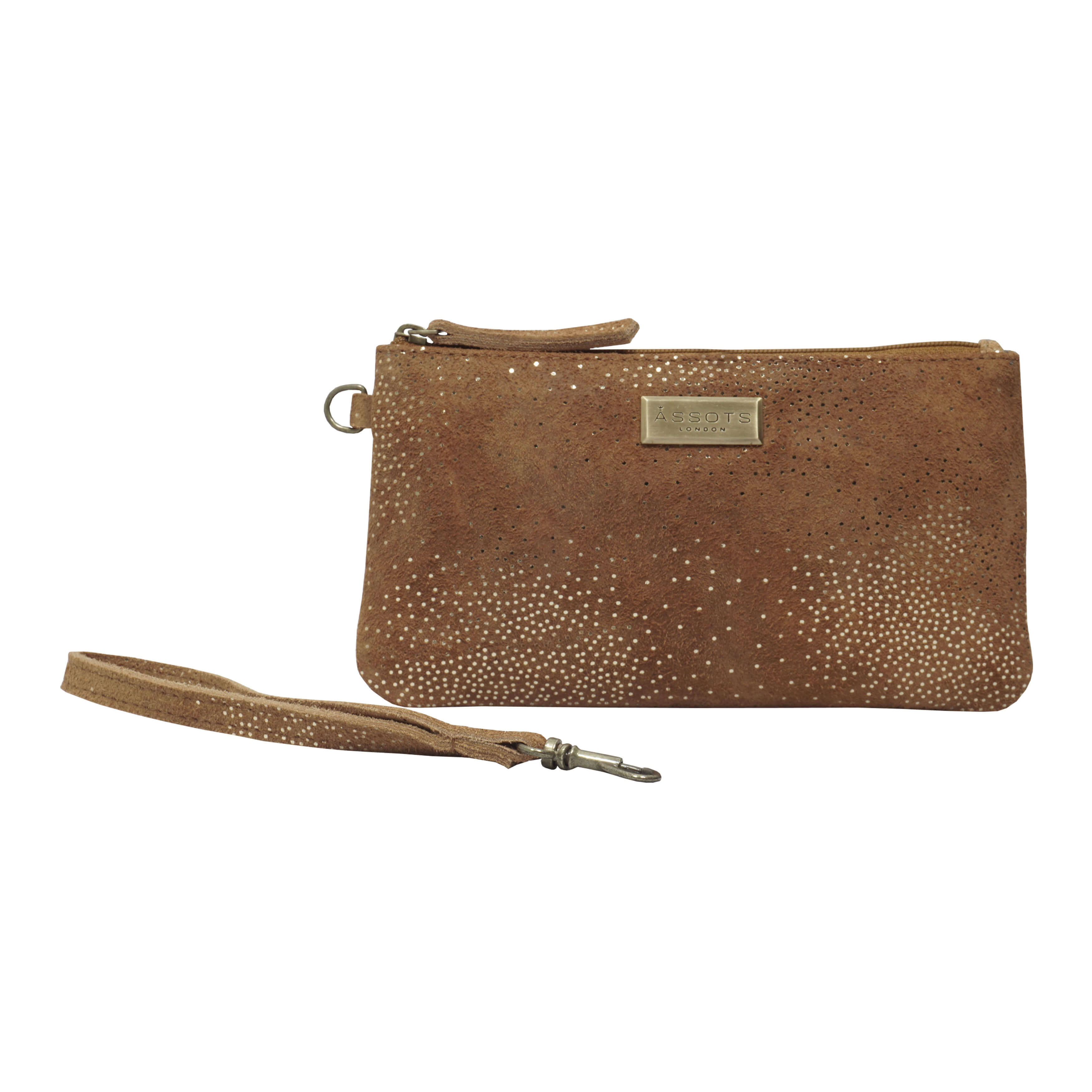 'KAREN' Tan Suede Leather with Yellow Gold Embellishment Wristlet Clutch Bag