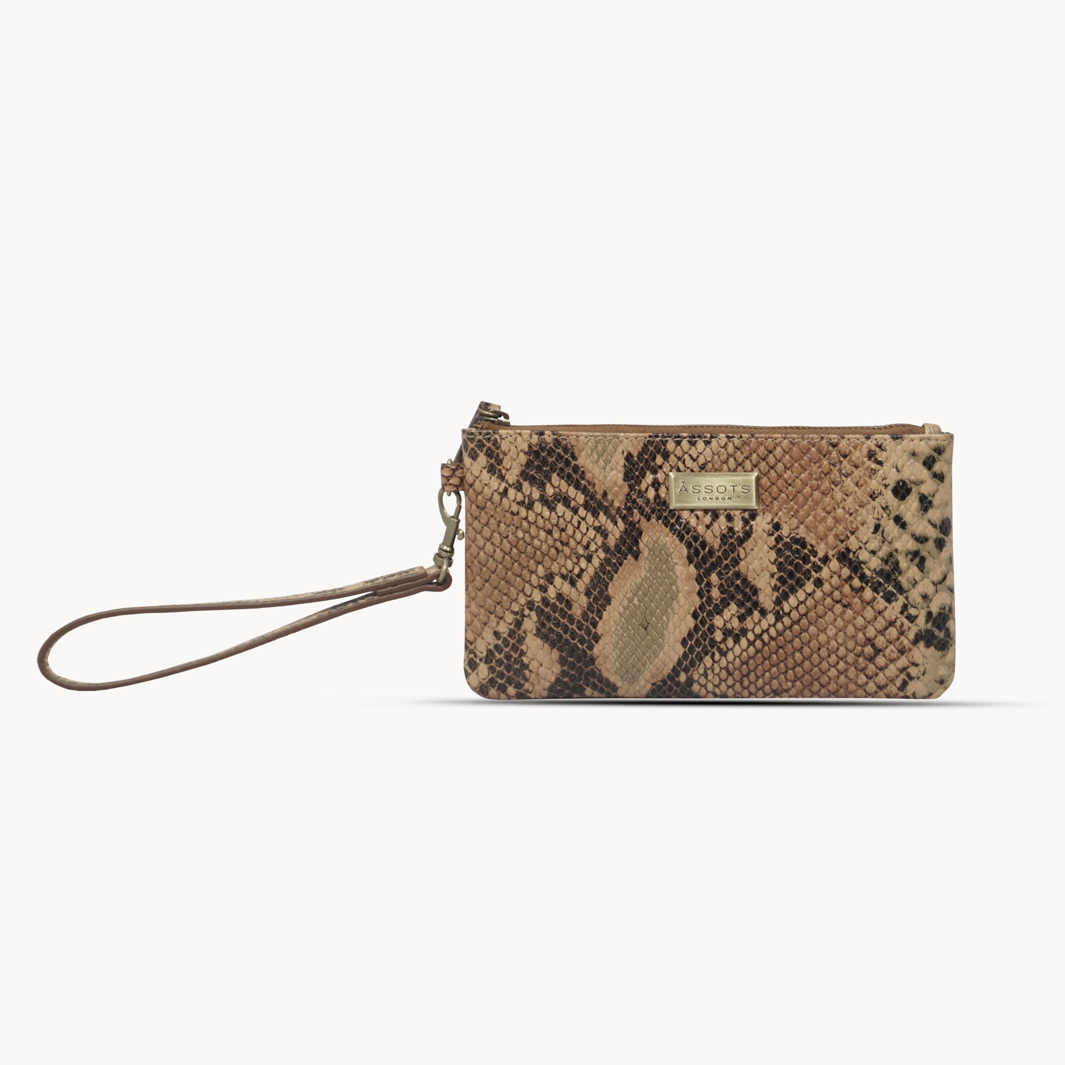 'KAREN' Tan Snake Print Real Leather Wristlet Clutch Bag