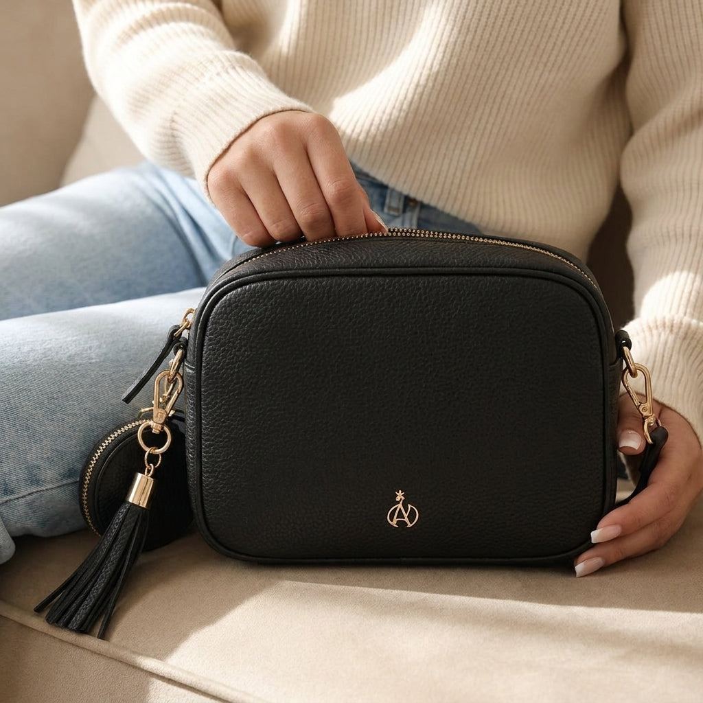 'KENT' Black Pebble Grain Real Leather Crossbody Bag