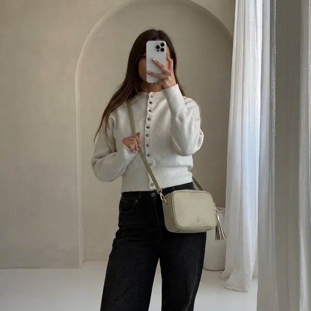 'KENT' Fog Grey Pebble Grain Real Leather Crossbody Bag