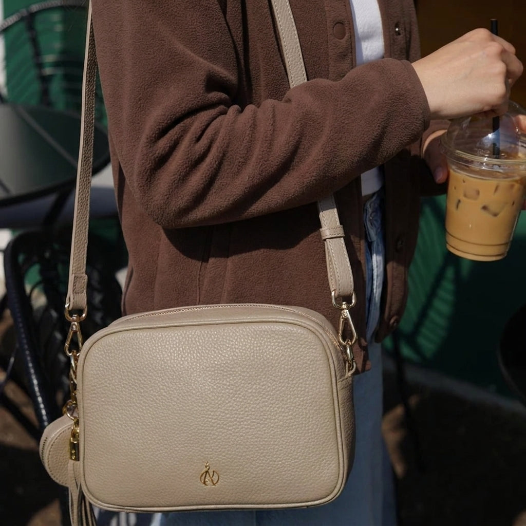 'KENT' Fog Grey Pebble Grain Real Leather Crossbody Bag