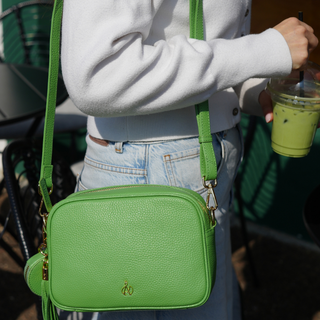 'KENT' Matcha Green Pebble Grain Real Leather Crossbody Bag