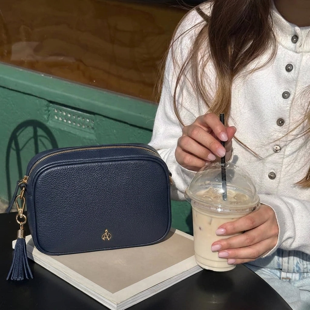 'KENT' Navy Pebble Grain Real Leather Crossbody Bag
