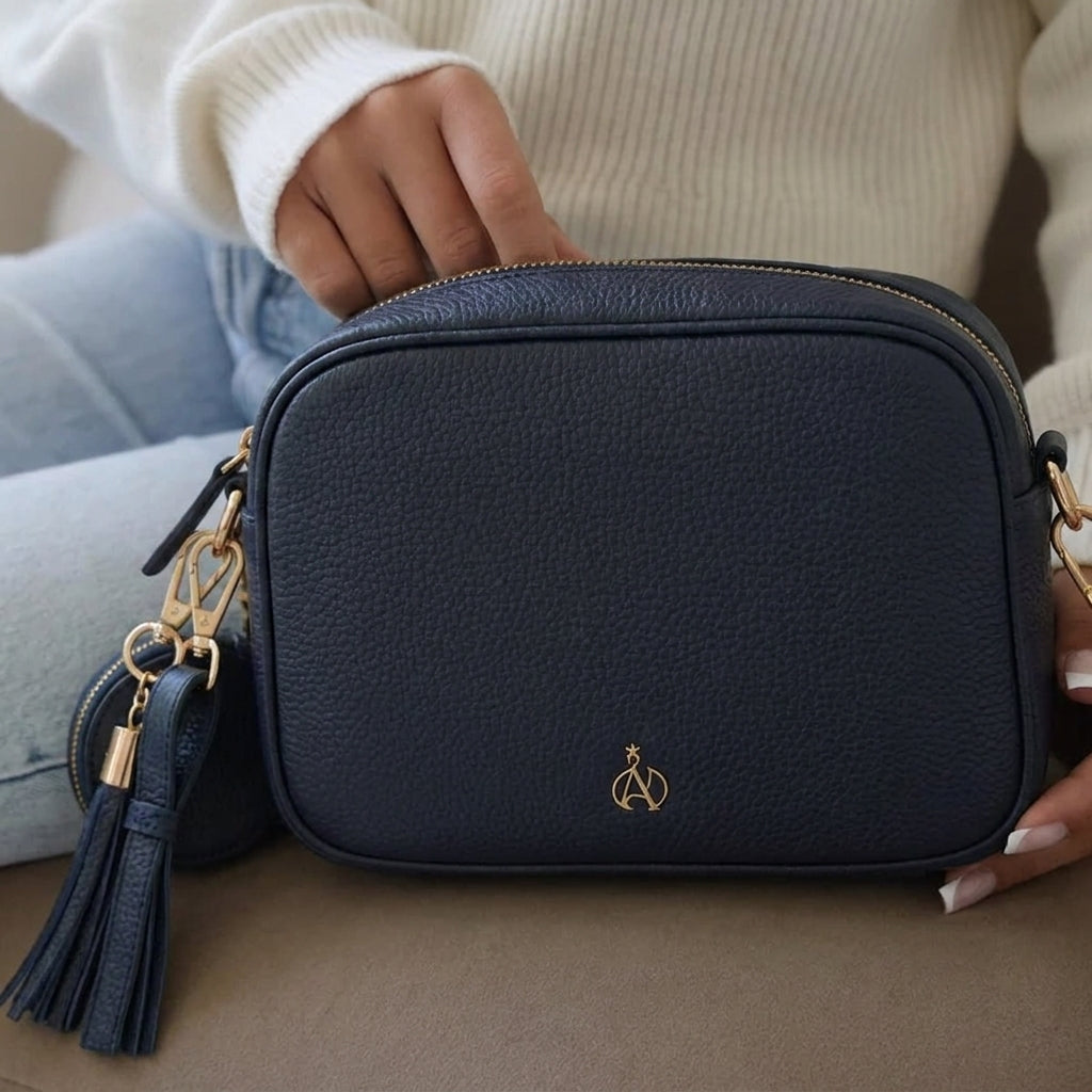 'KENT' Navy Pebble Grain Real Leather Crossbody Bag