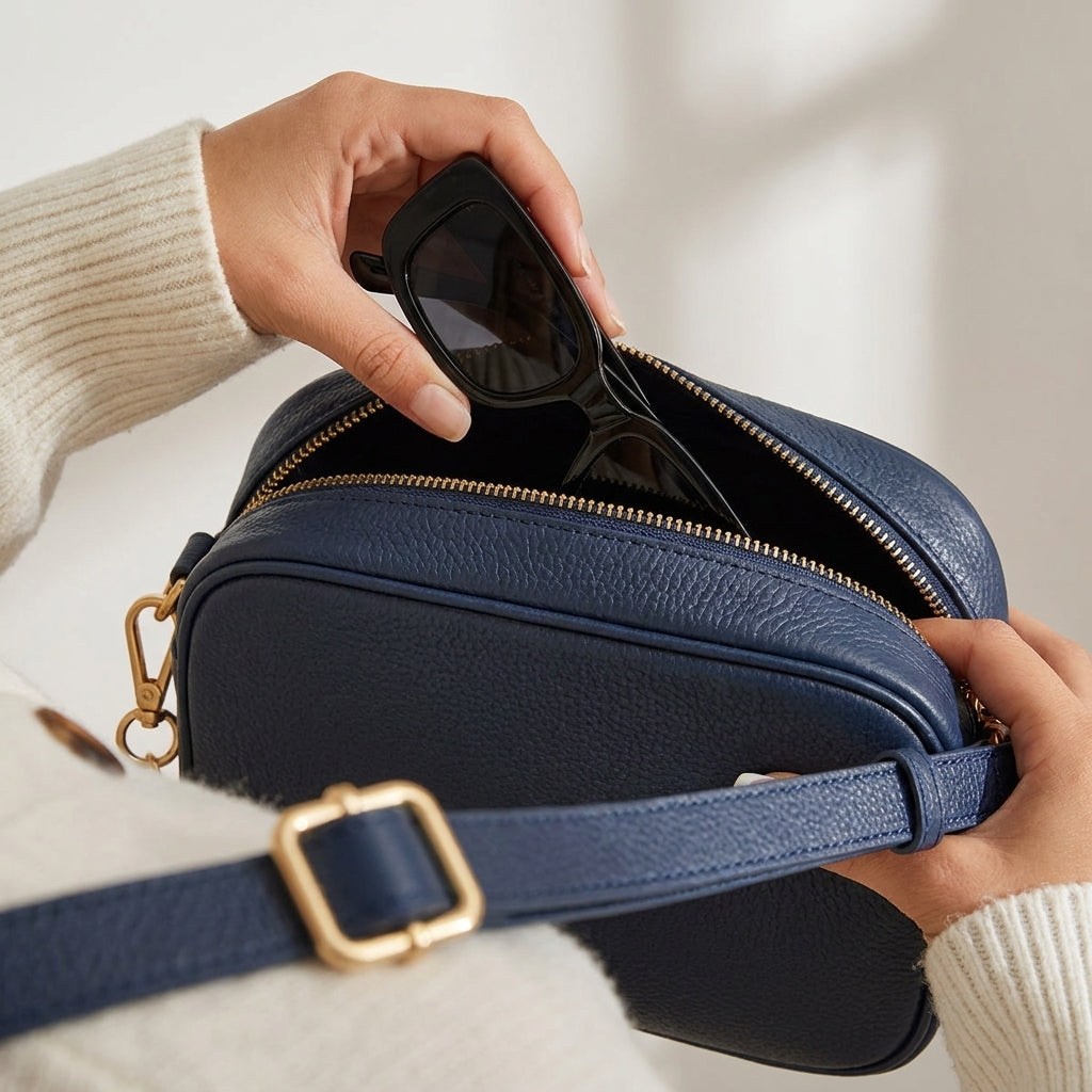 'KENT' Navy Pebble Grain Real Leather Crossbody Bag