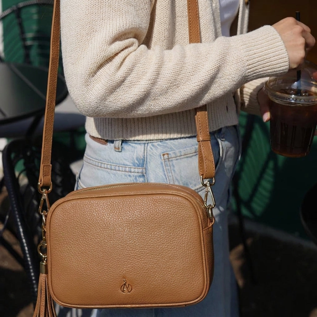 'KENT' Tan Pebble Grain Real Leather Crossbody Bag
