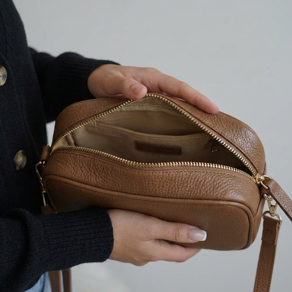'KENT' Tan Pebble Grain Real Leather Crossbody Bag