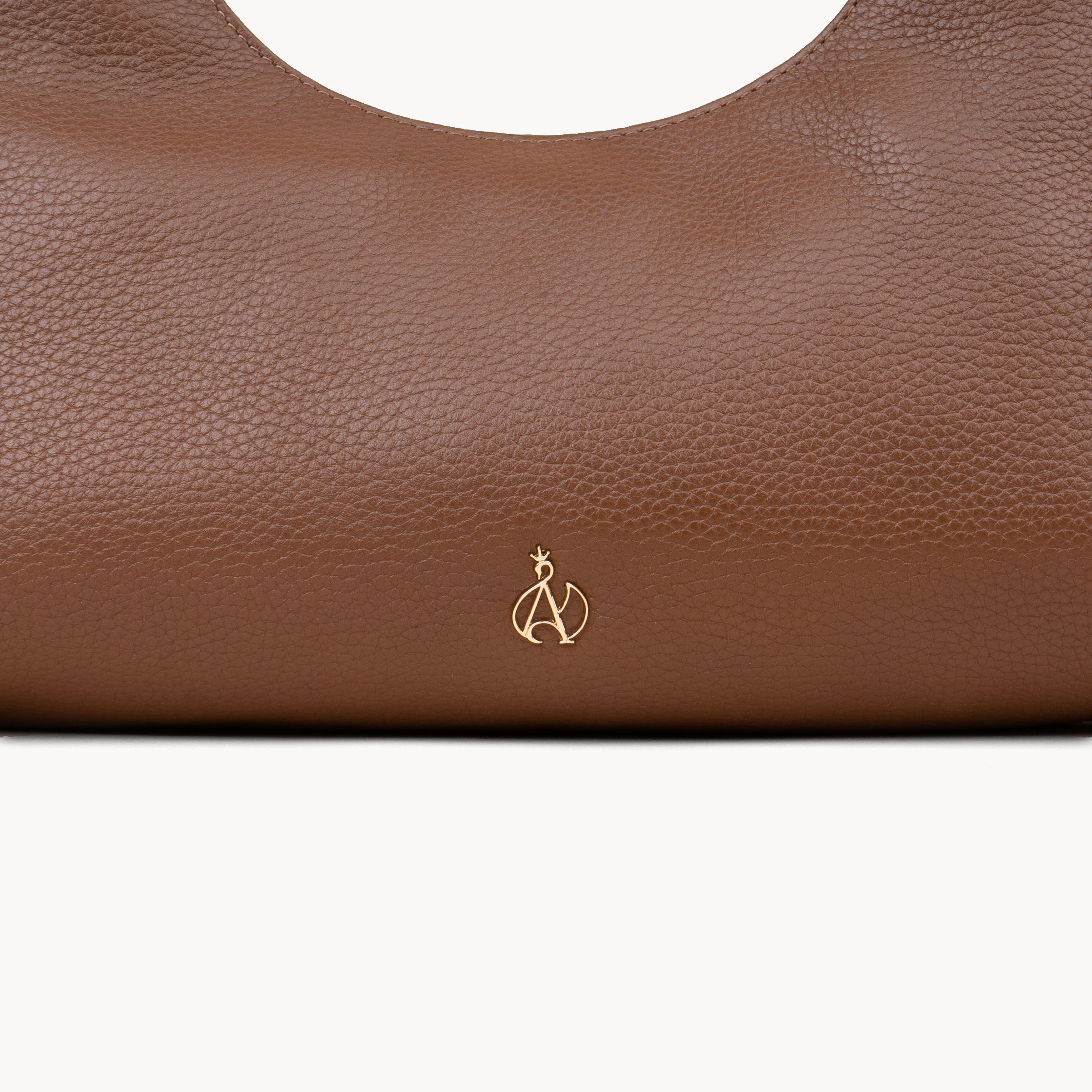 'LARA' Tan Pebble Grain Real Leather Shoulder Bag