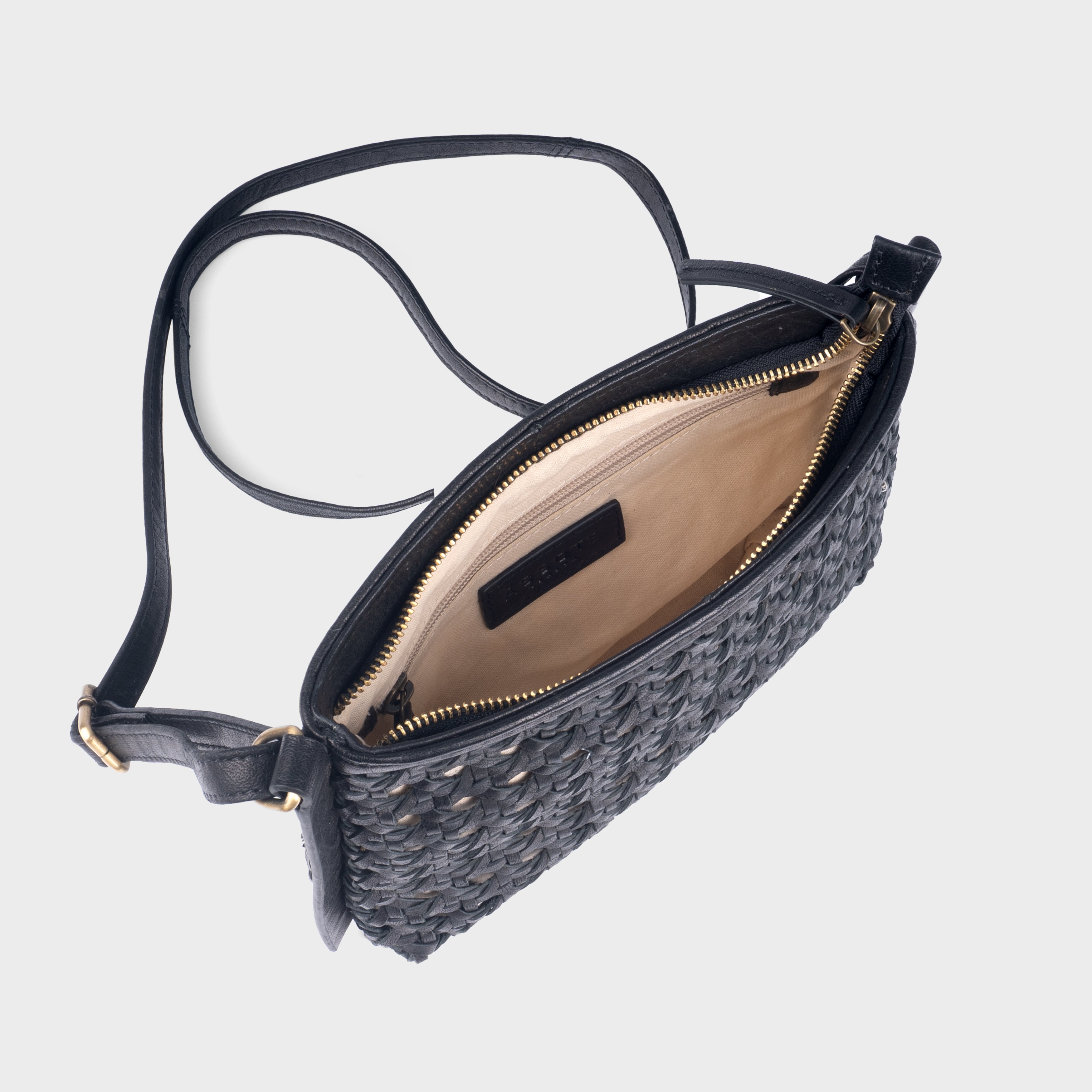 'LEATHER LOOM' Black Real Leather Woven Crossbody Bag