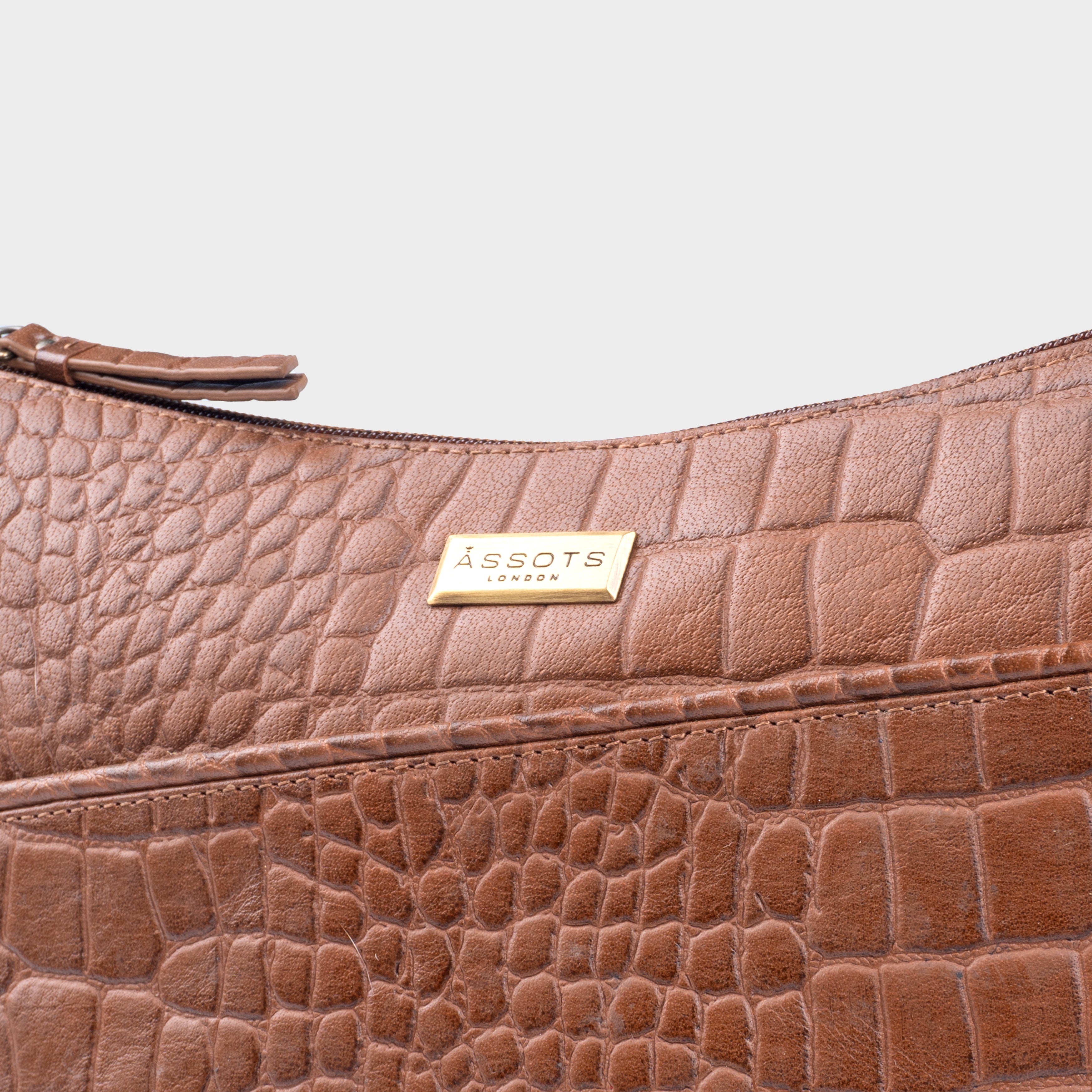 'CAROL' Tan Croc Real Leather Designer Crossbody Shoulder Bag