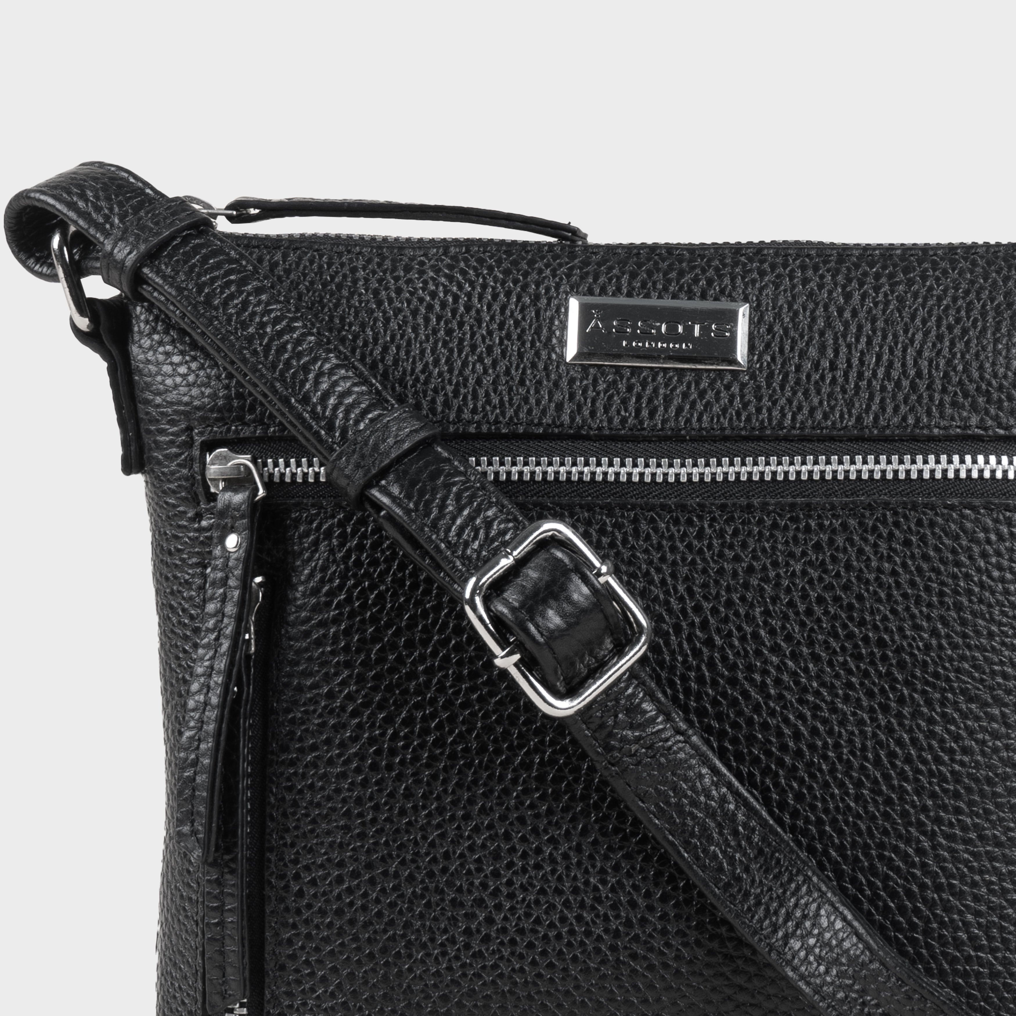 'RUE' Black Pebble Grain Real Leather Crossbody Bag