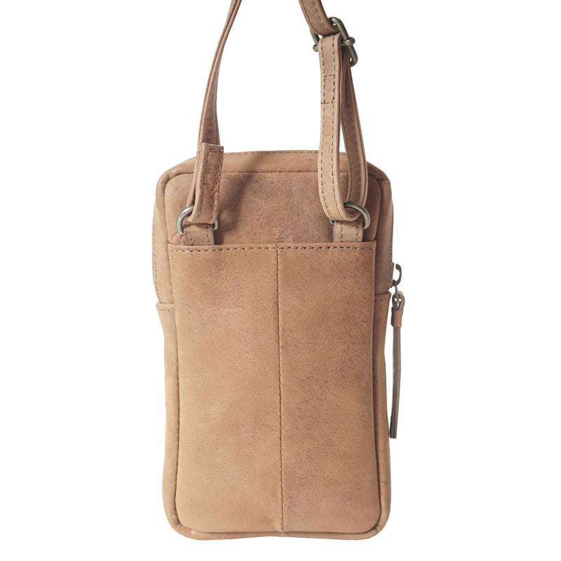 'LEO' Tan Distressed Real Leather Crossbody Mobile Phone Bag