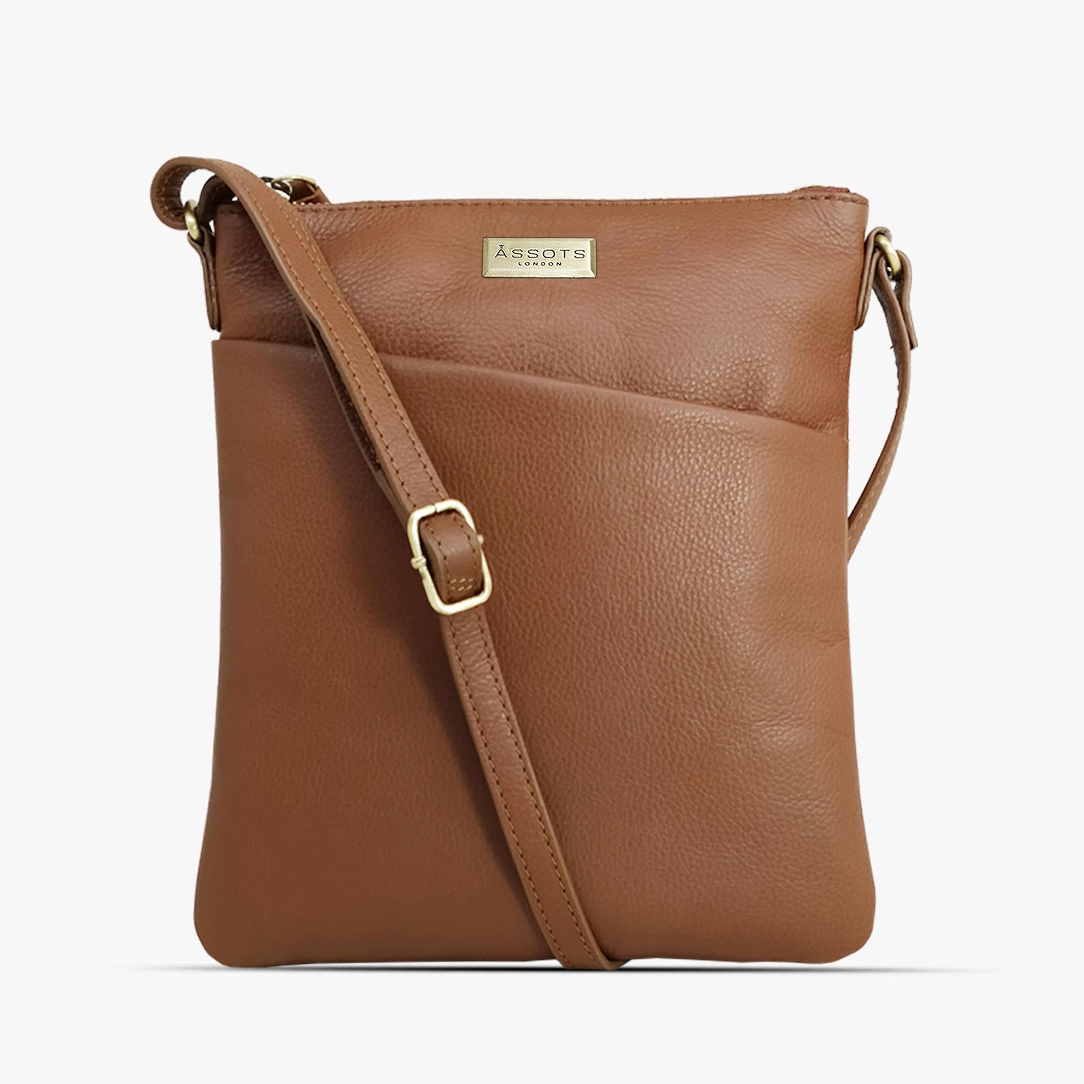 'LINBY' Dark Tan Pebble Grain Leather Crossbody Sling Bag