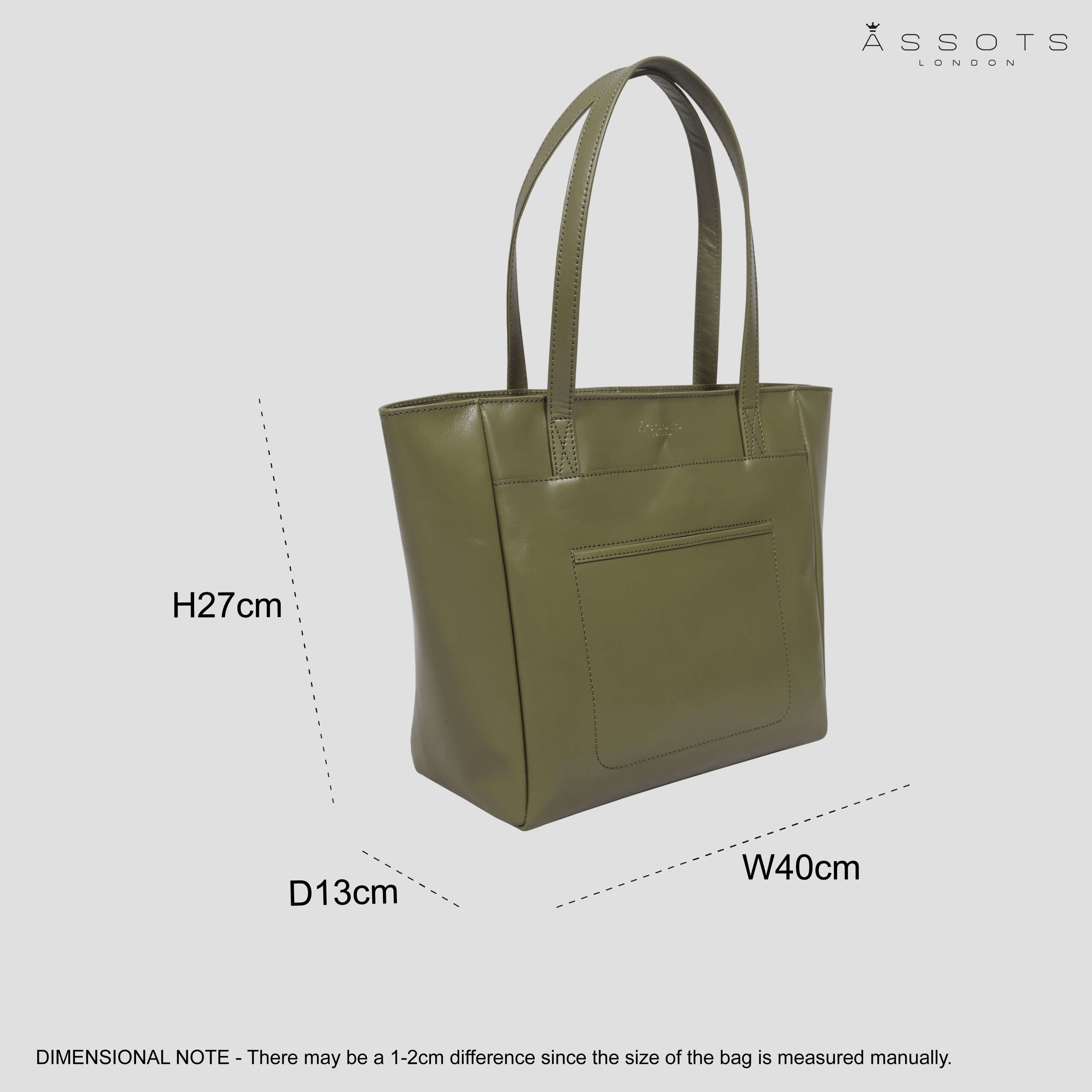 'LINDA' Olive Green Smooth Real Leather Unlined Tote Bag