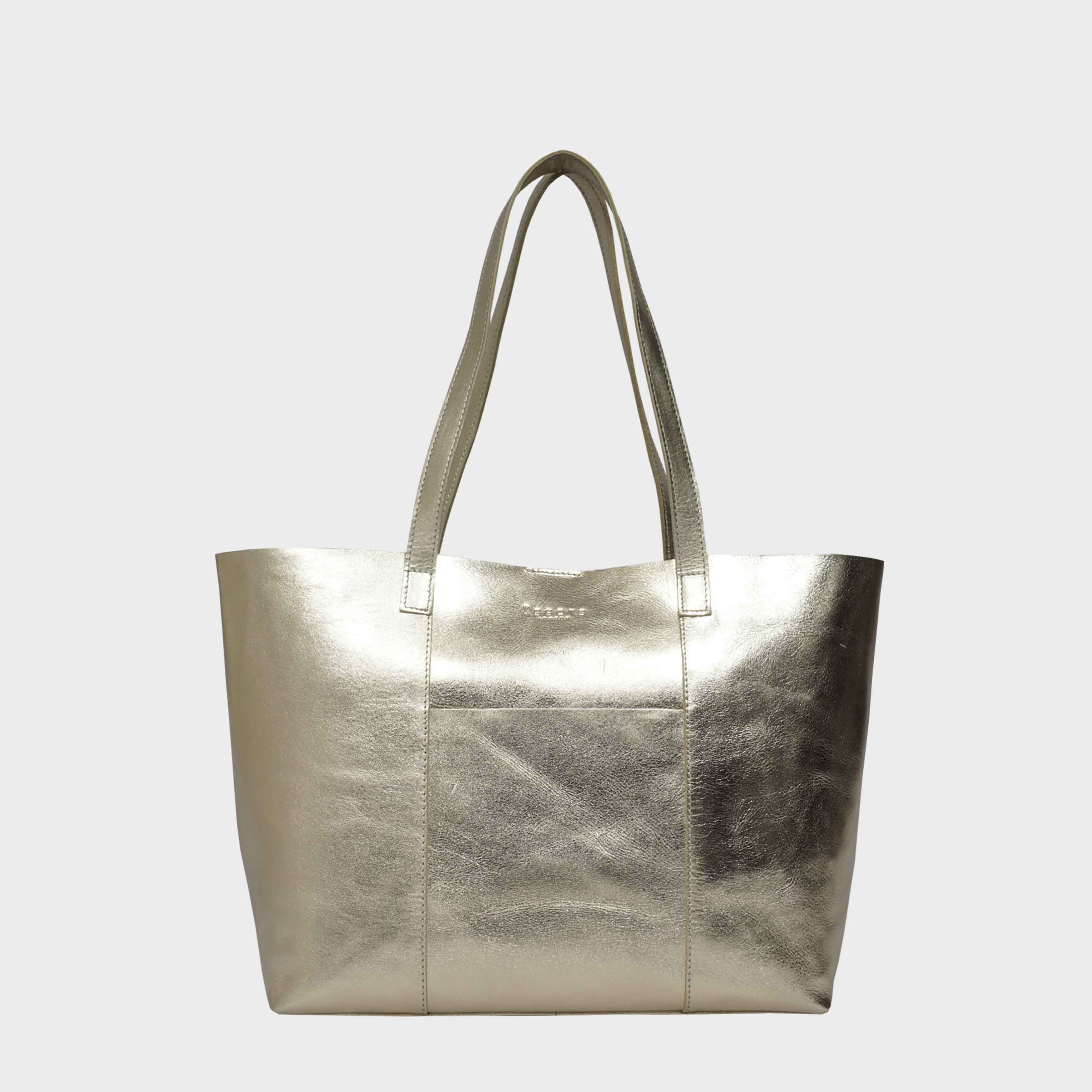Yellow Gold Metallic Real Leather Shopper Unlined Tote Bag for