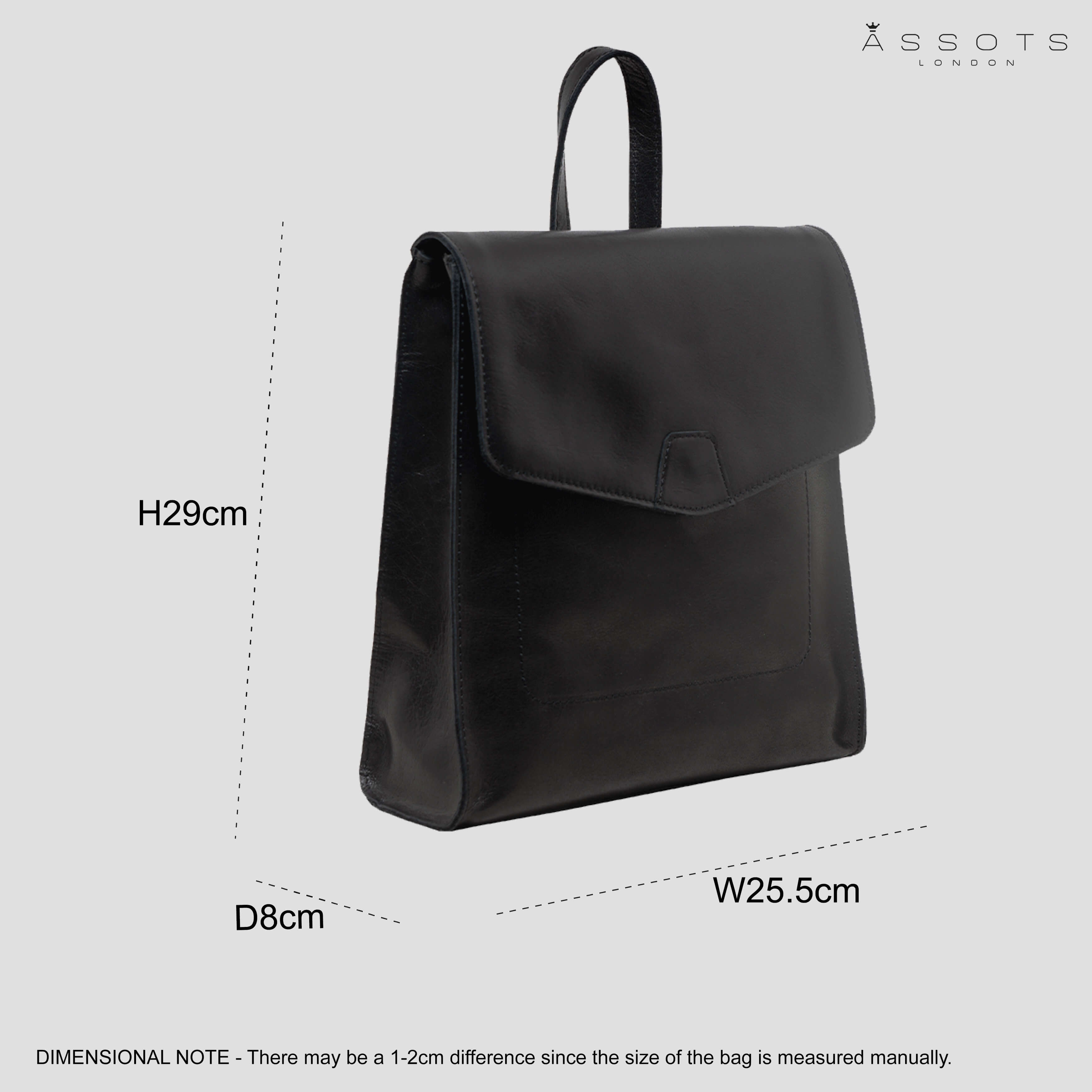 'MARGARET' Black Natural Grain Polished Leather Flap Over Backpack