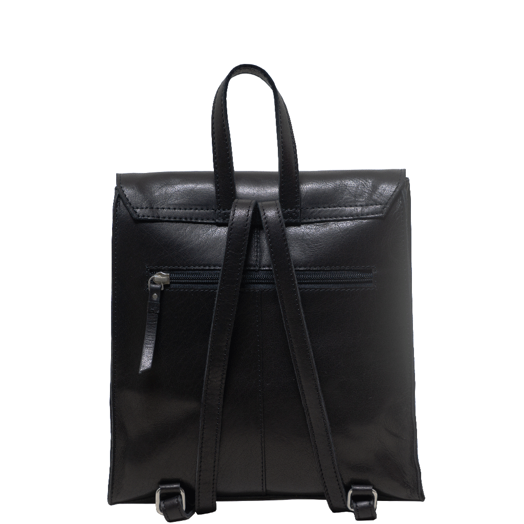 'MARGARET' Black Natural Grain Polished Leather Flap Over Backpack
