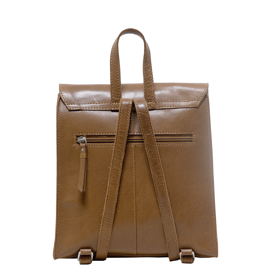 'MARGARET' Tan Natural Grain Polished Leather Flap Over Backpack