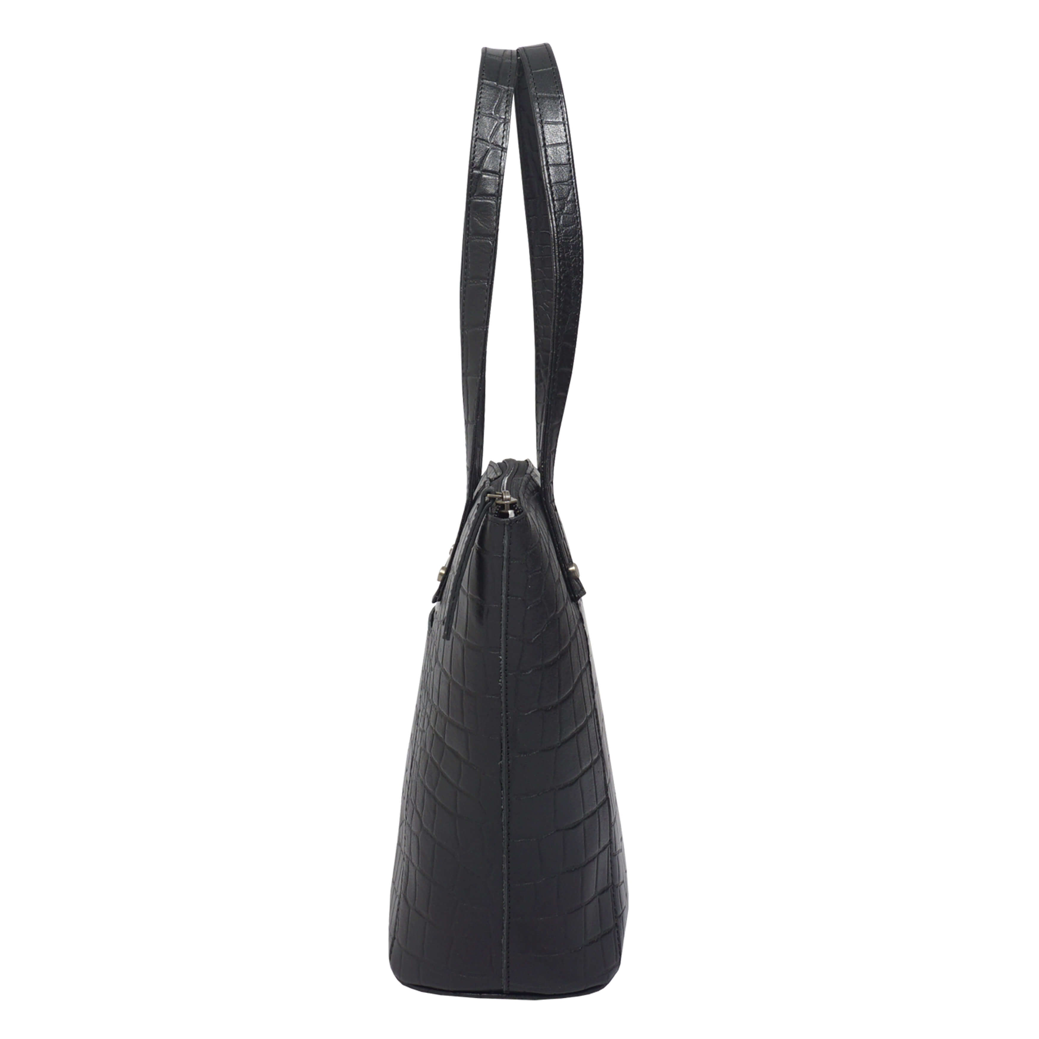 'MELANIE' Black Croc Real Leather Unlined Bucket Bag