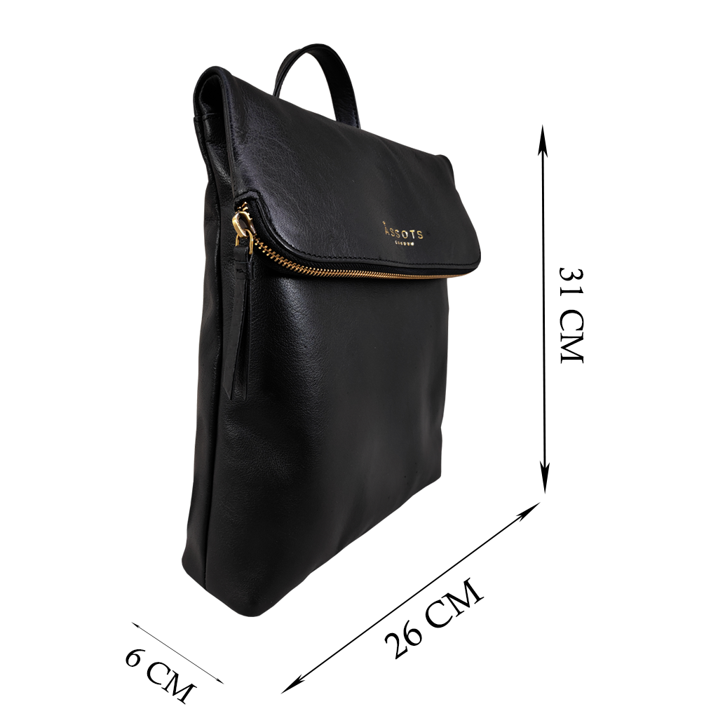 'MERLIN' Black Full Grain Leather Zip Around Flap-over Backpack