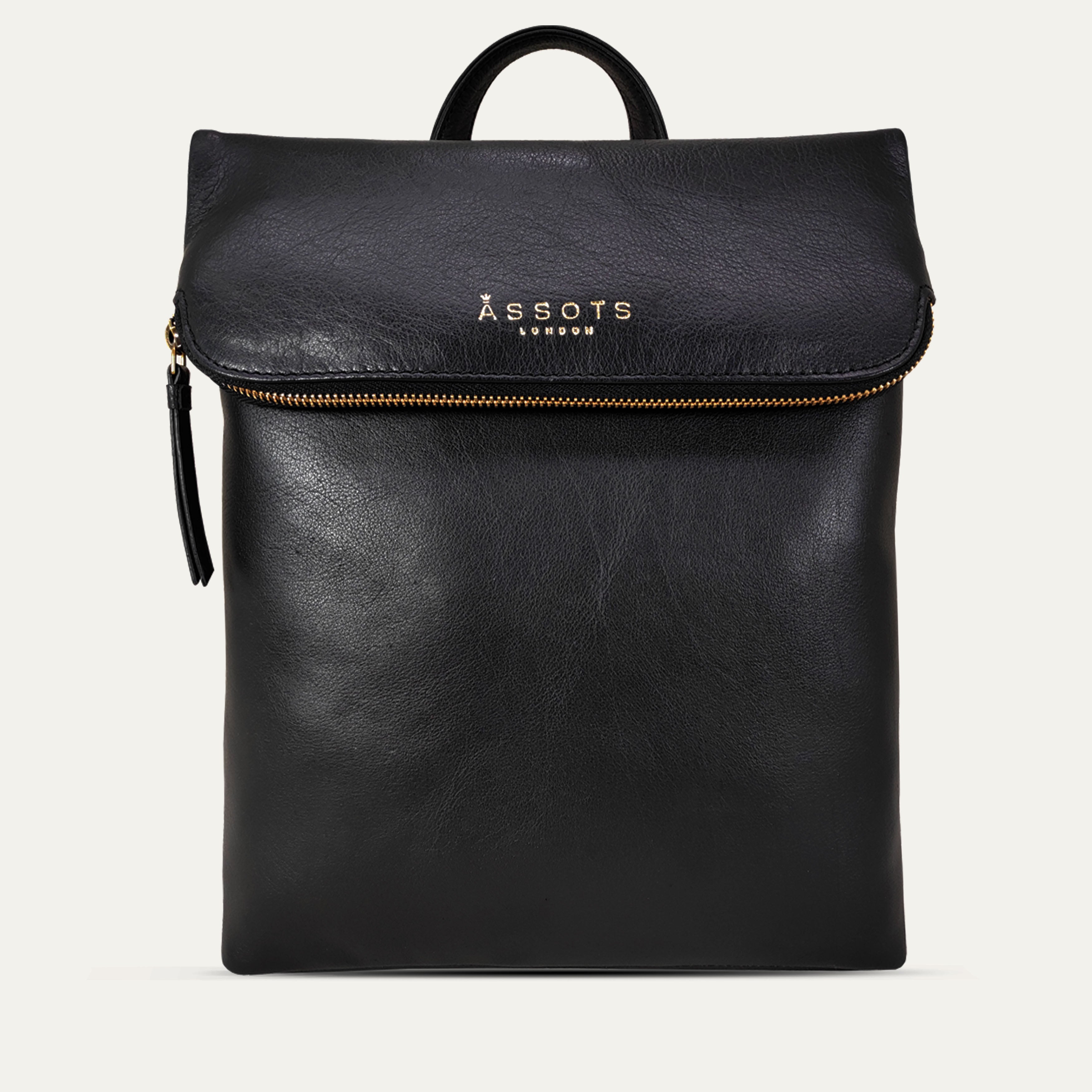 'MERLIN' Black Full Grain Leather Zip Around Flap-over Backpack