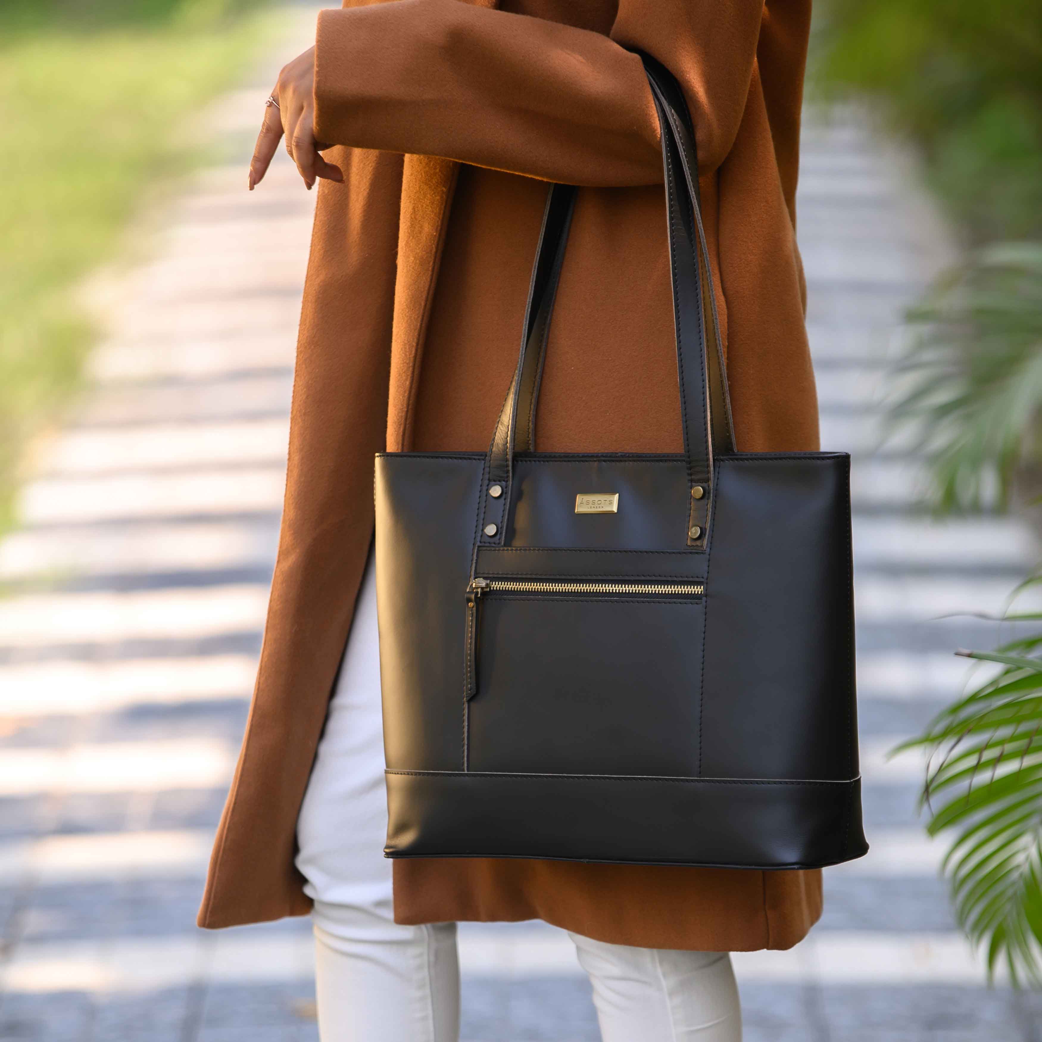 'MILLIE' Black Polished VT Real Leather Designer Tote Work Bag