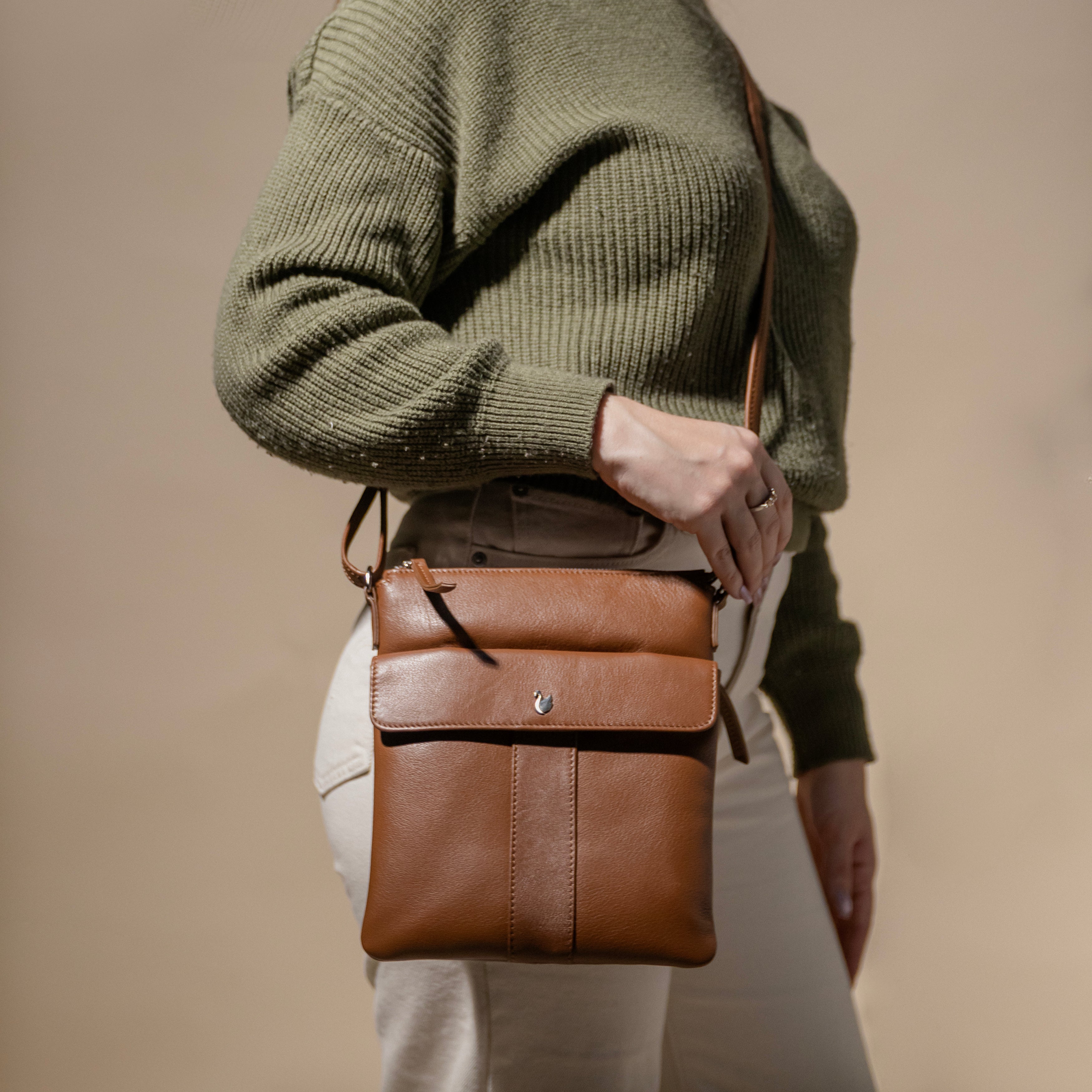 'AMBA' Tan Soft Nappa Full Grain Real Leather Crossbody Bag