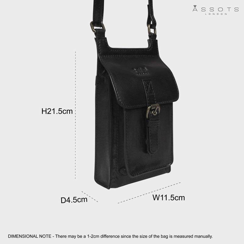 'MYLA' Black Real Leather Mobile Phone Crossbody Bag