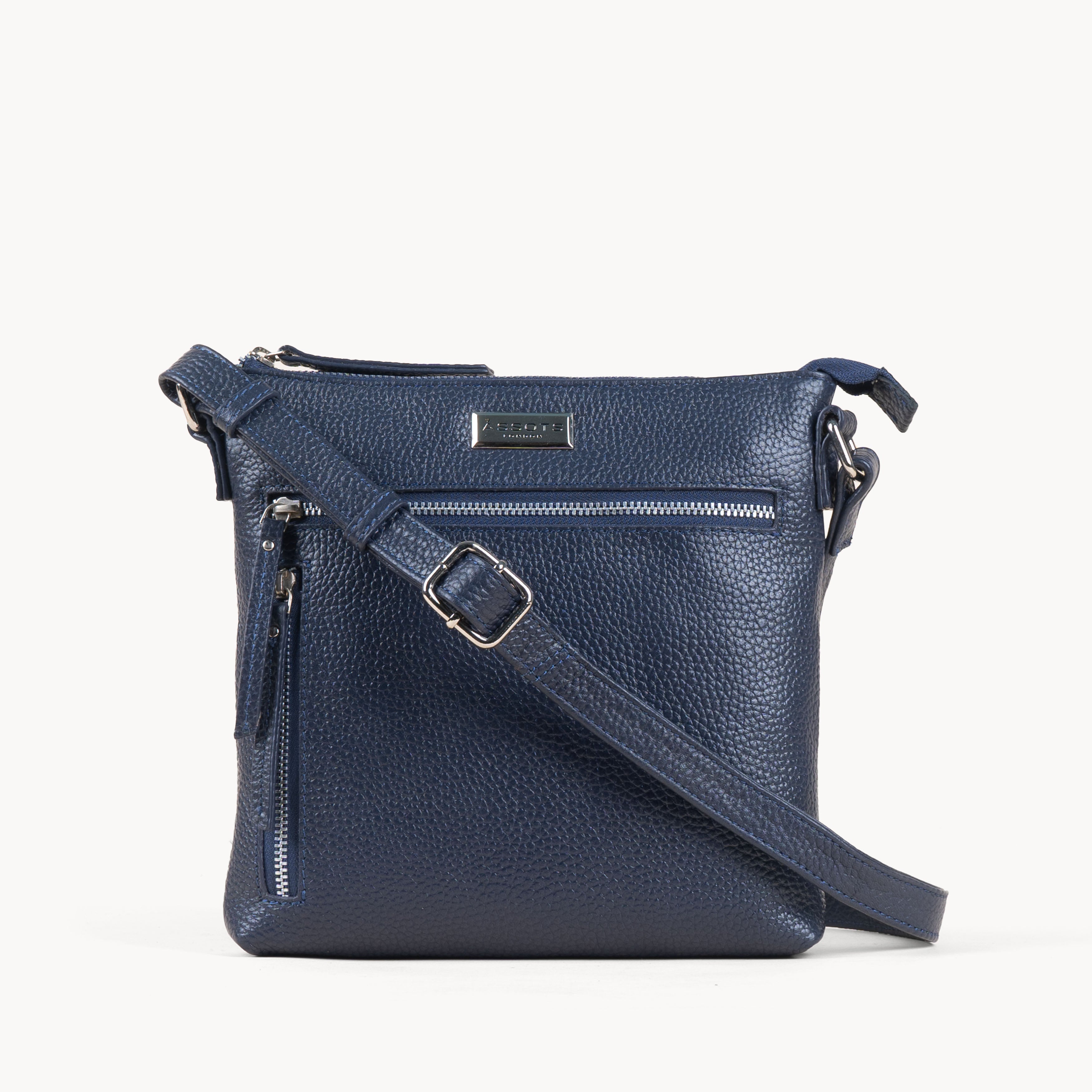 'RUE' Navy Pebble Grain Real Leather Crossbody Bag