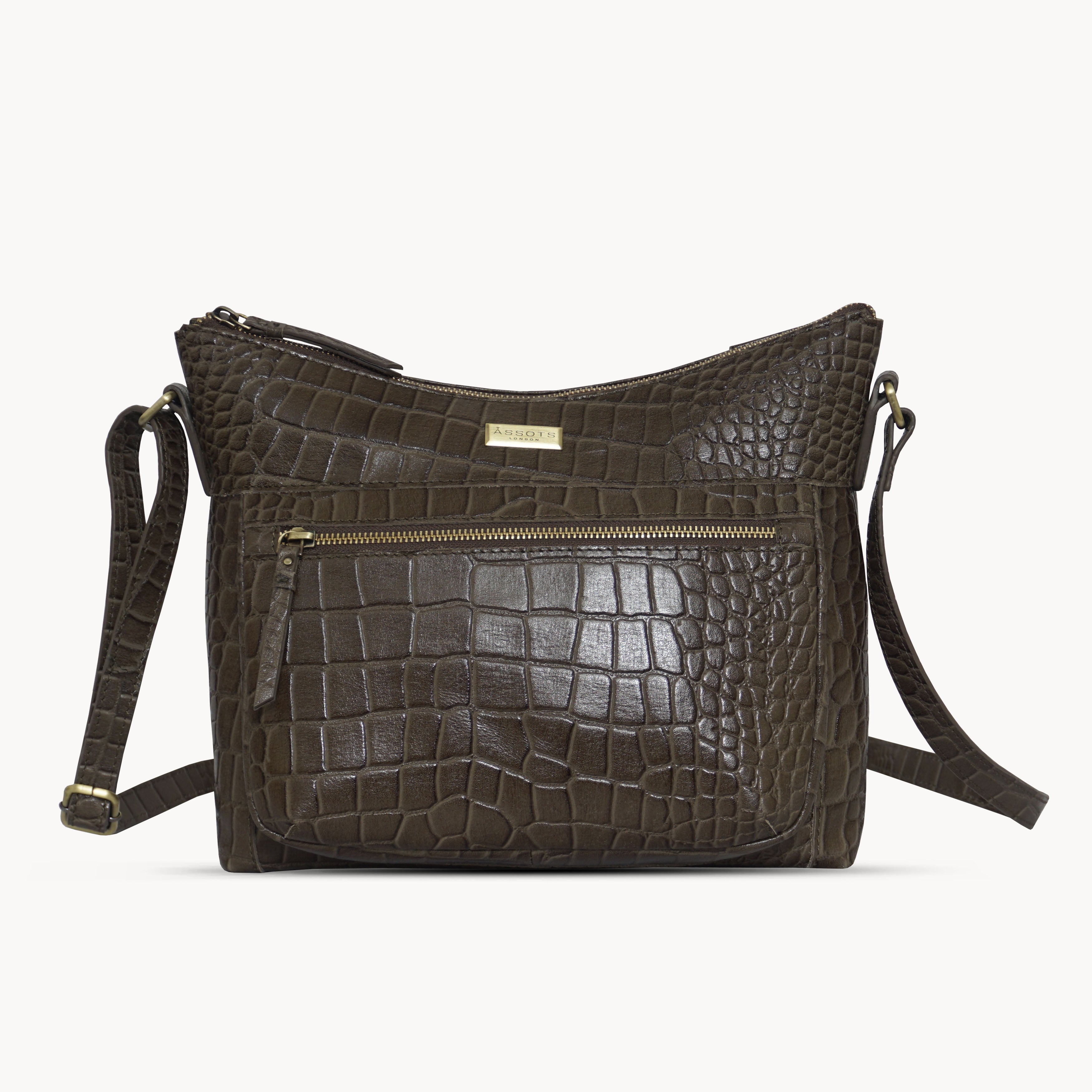 'OLGA' Olive Croc Designer Leather Crossbody Shoulder Bag