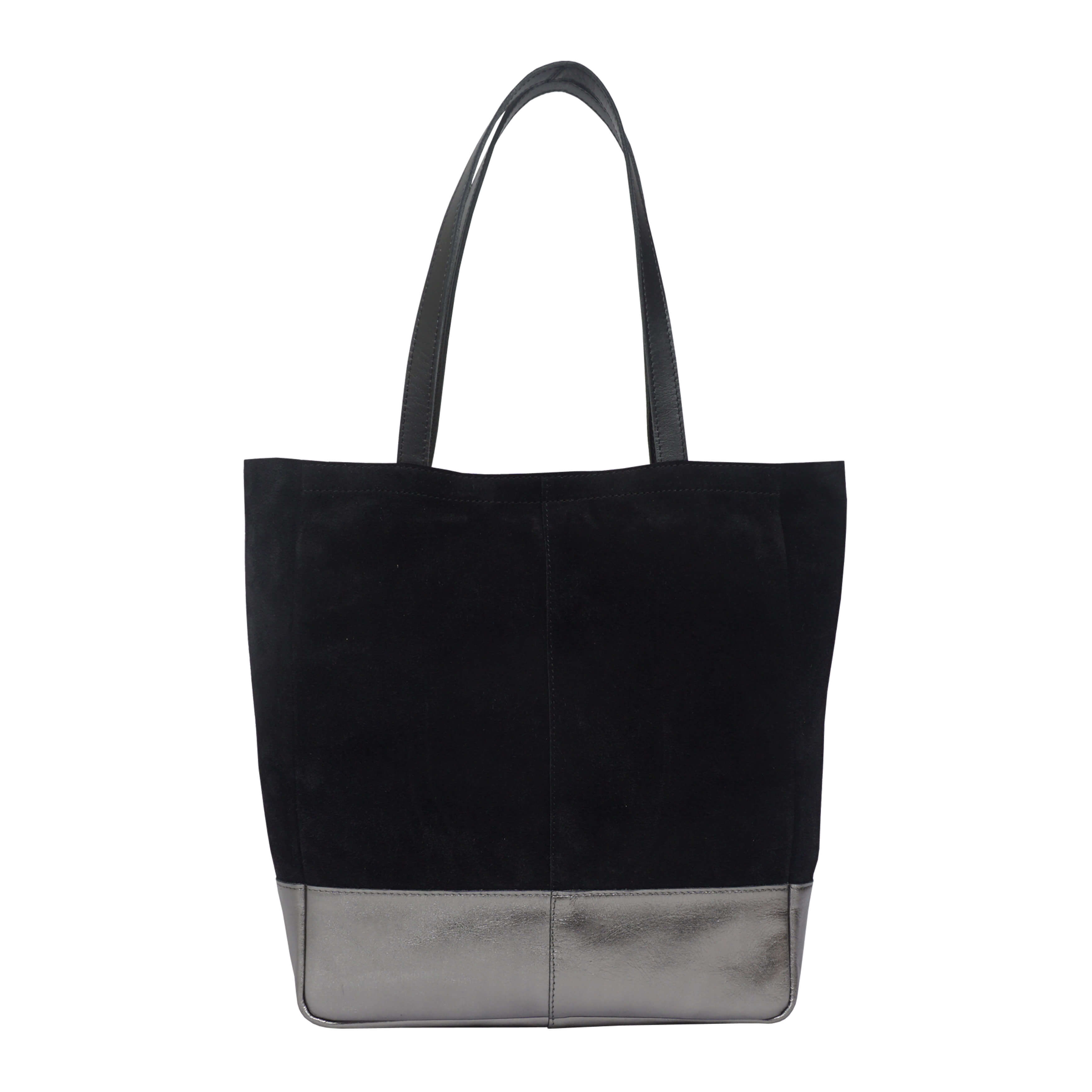 'PAIGE' Black Real Leather + Pewter Metallic Leather Tote Bag