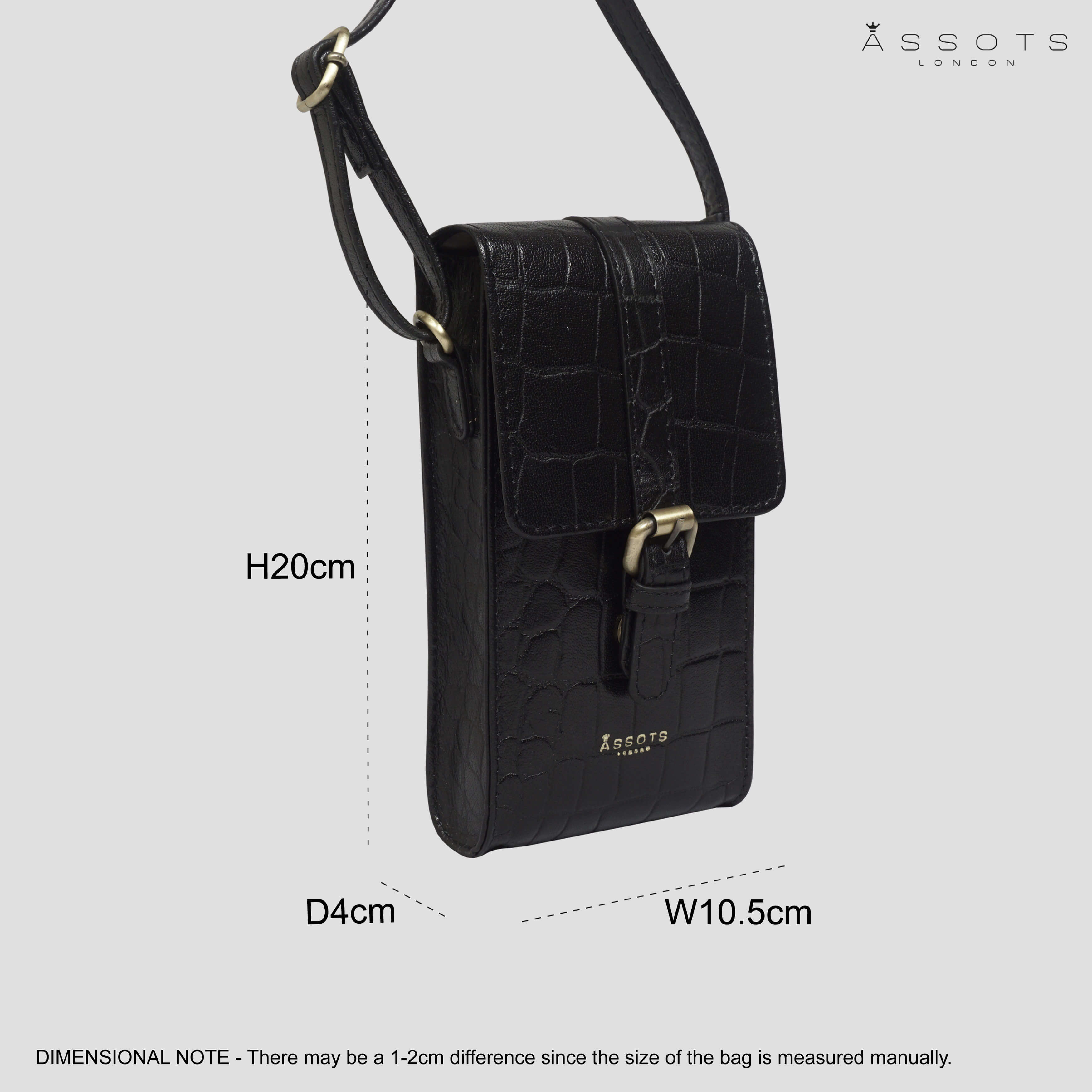 'PETRA' Black Croc Real Leather Mobile Phone Crossbody Bag